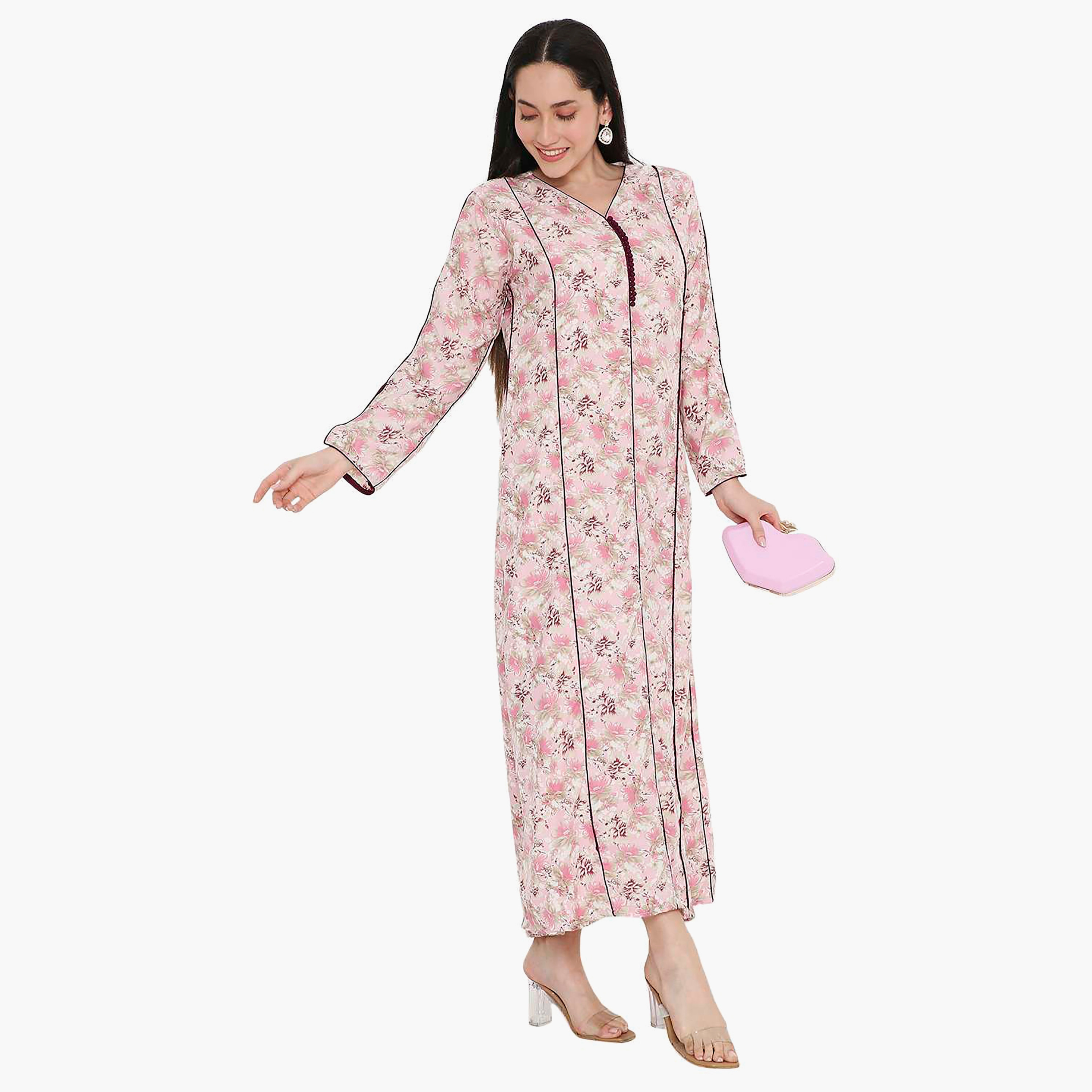 Hana & Sara Floral Button Placket Neck Detail Women's Jalabiya-women-arabicclothing-jalabiyas-image-14