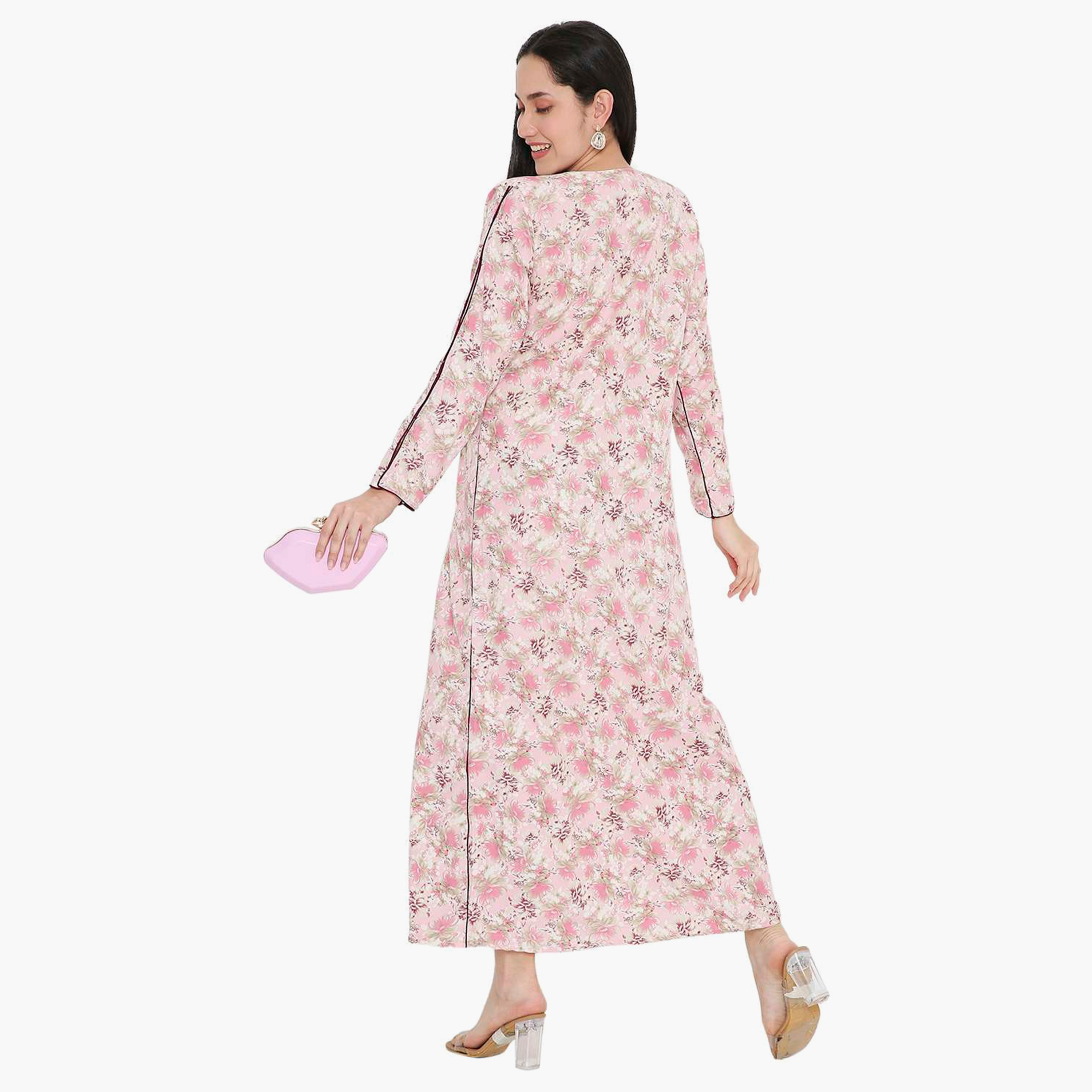 Hana & Sara Floral Button Placket Neck Detail Women's Jalabiya-women-arabicclothing-jalabiyas-image-15
