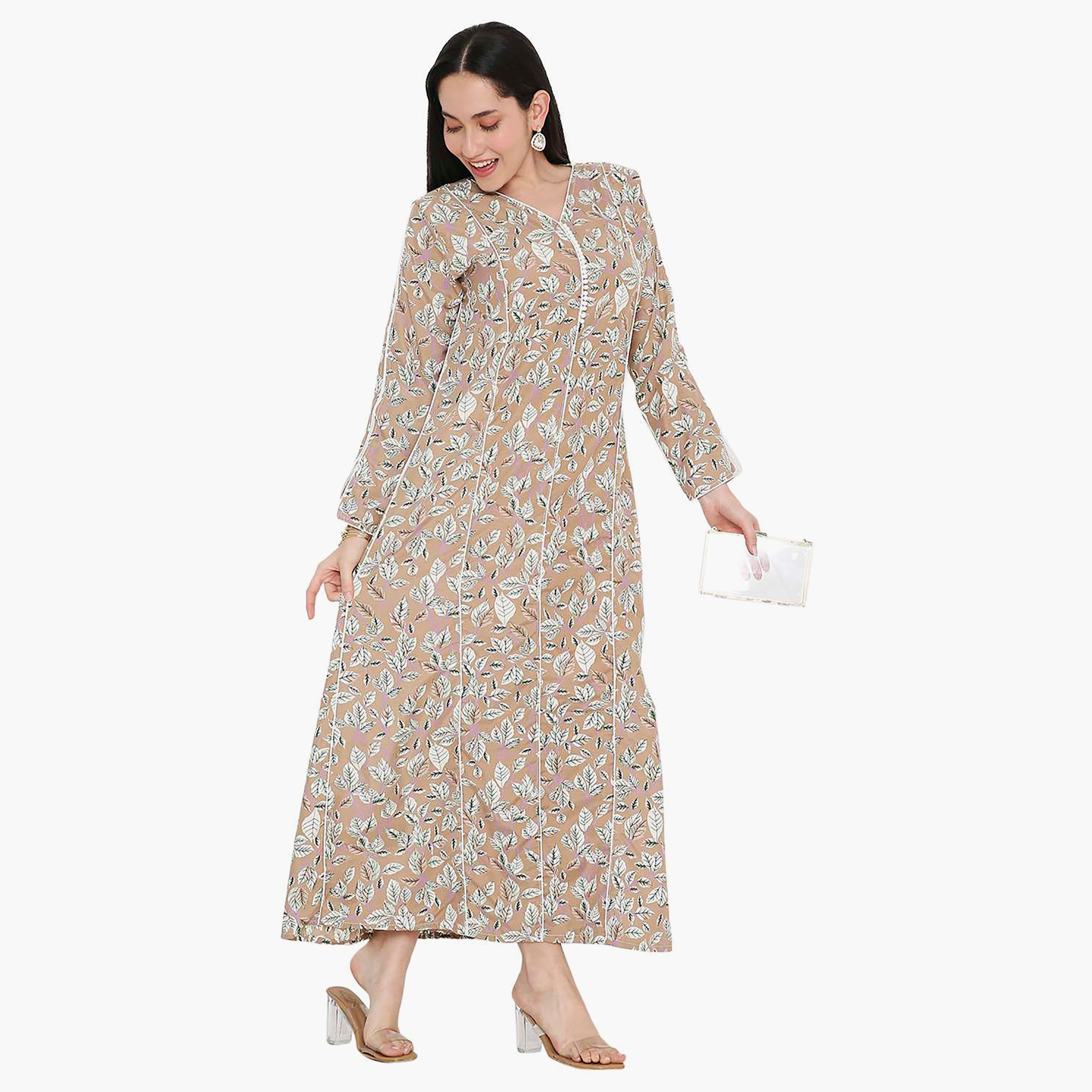 جلابية نسائية بطبعة أوراق الشجر مع أزرار وفتحة رقبة وأكمام مشقوقة من هانا آند سارة-women-arabicclothing-jalabiyas-image-3
