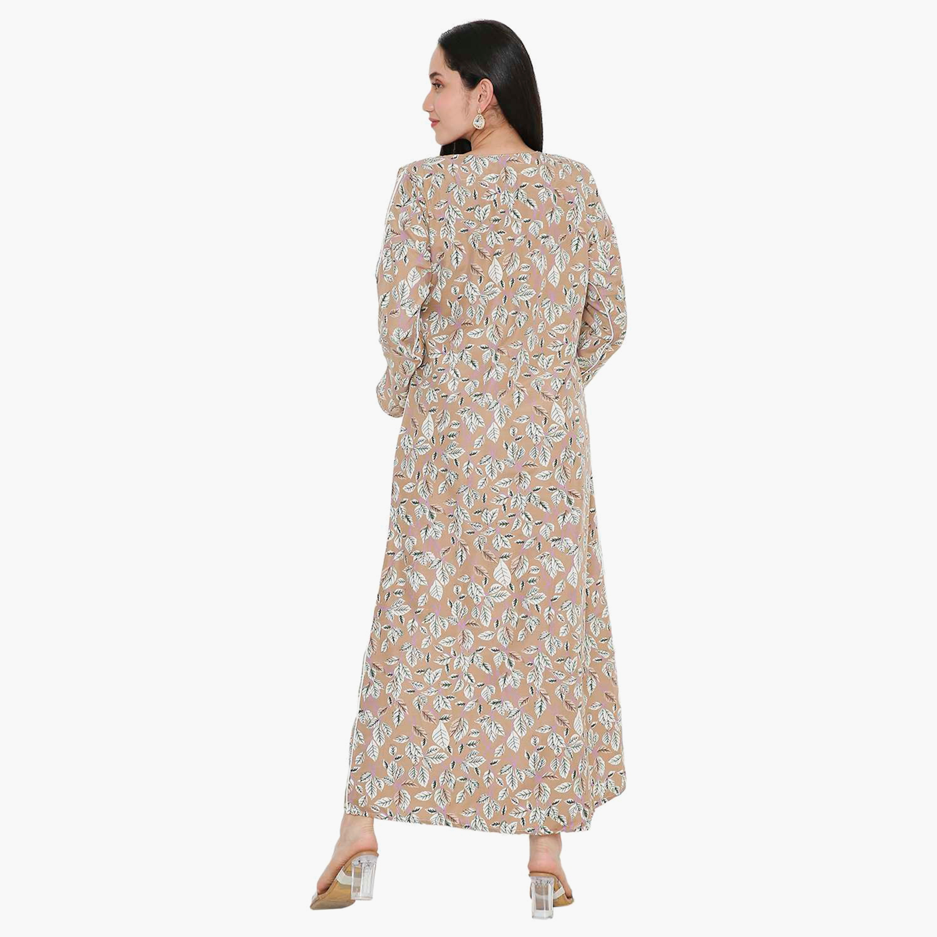 جلابية نسائية بطبعة أوراق الشجر مع أزرار وفتحة رقبة وأكمام مشقوقة من هانا آند سارة-women-arabicclothing-jalabiyas-image-4