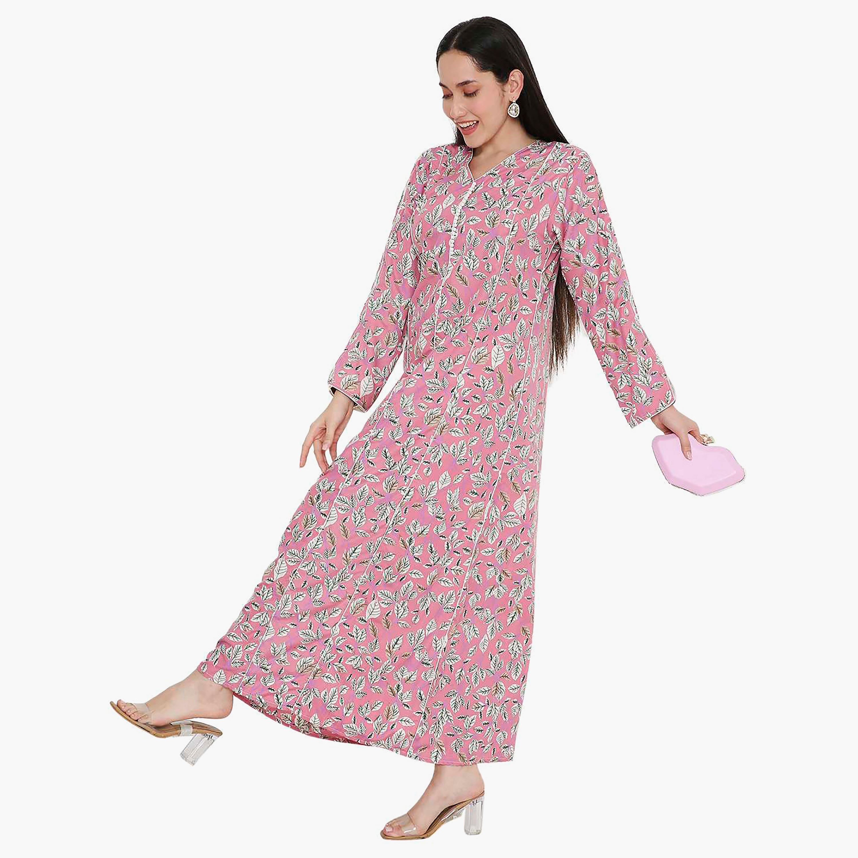 جلابية نسائية بطبعة أوراق الشجر مع أزرار وفتحة رقبة وأكمام مشقوقة من هانا آند سارة-women-arabicclothing-jalabiyas-image-12