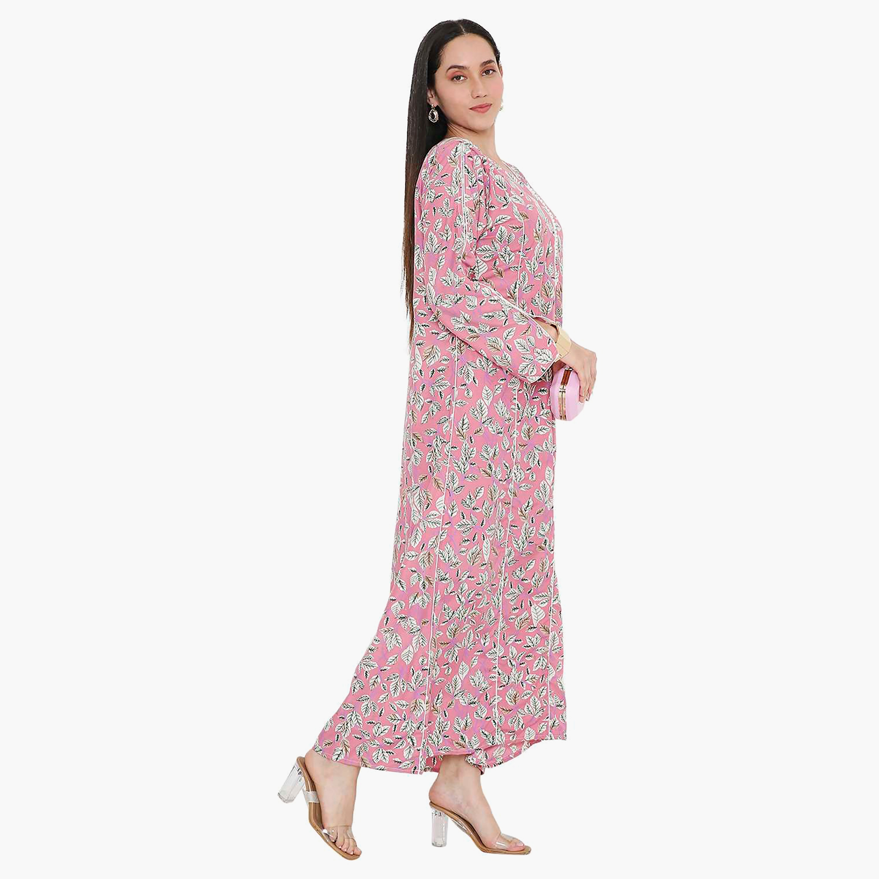 جلابية نسائية بطبعة أوراق الشجر مع أزرار وفتحة رقبة وأكمام مشقوقة من هانا آند سارة-women-arabicclothing-jalabiyas-image-13