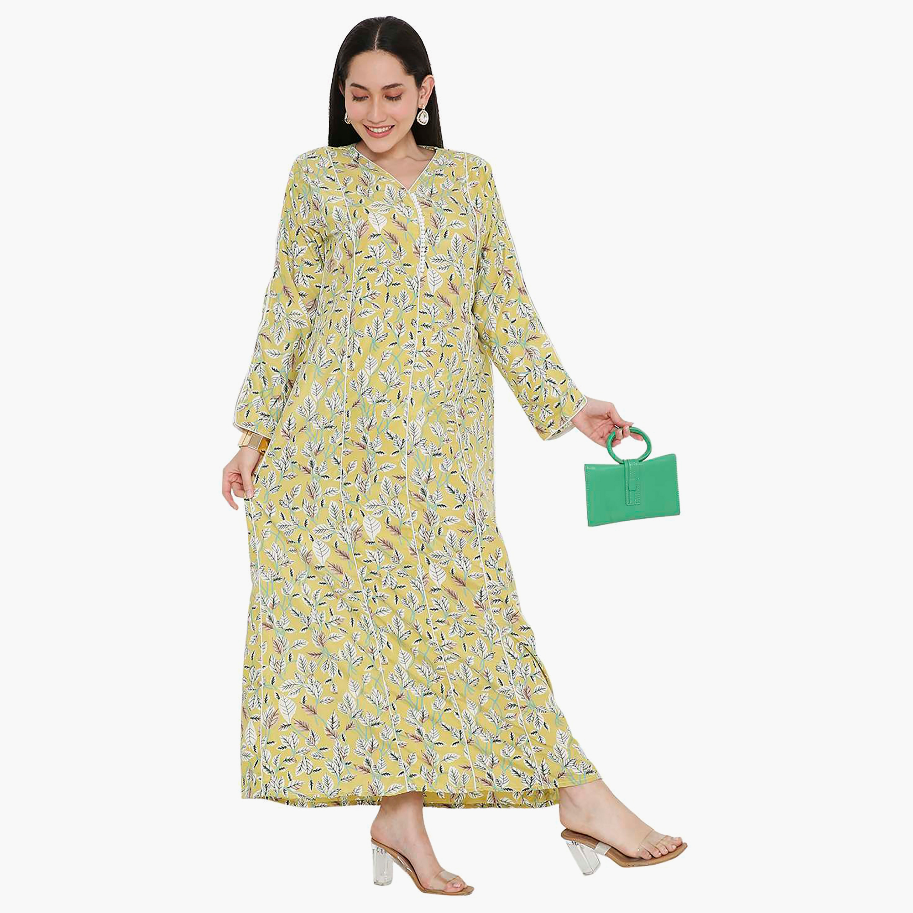 جلابية نسائية بطبعة أوراق الشجر مع أزرار وفتحة رقبة وأكمام مشقوقة من هانا آند سارة-women-arabicclothing-jalabiyas-image-7