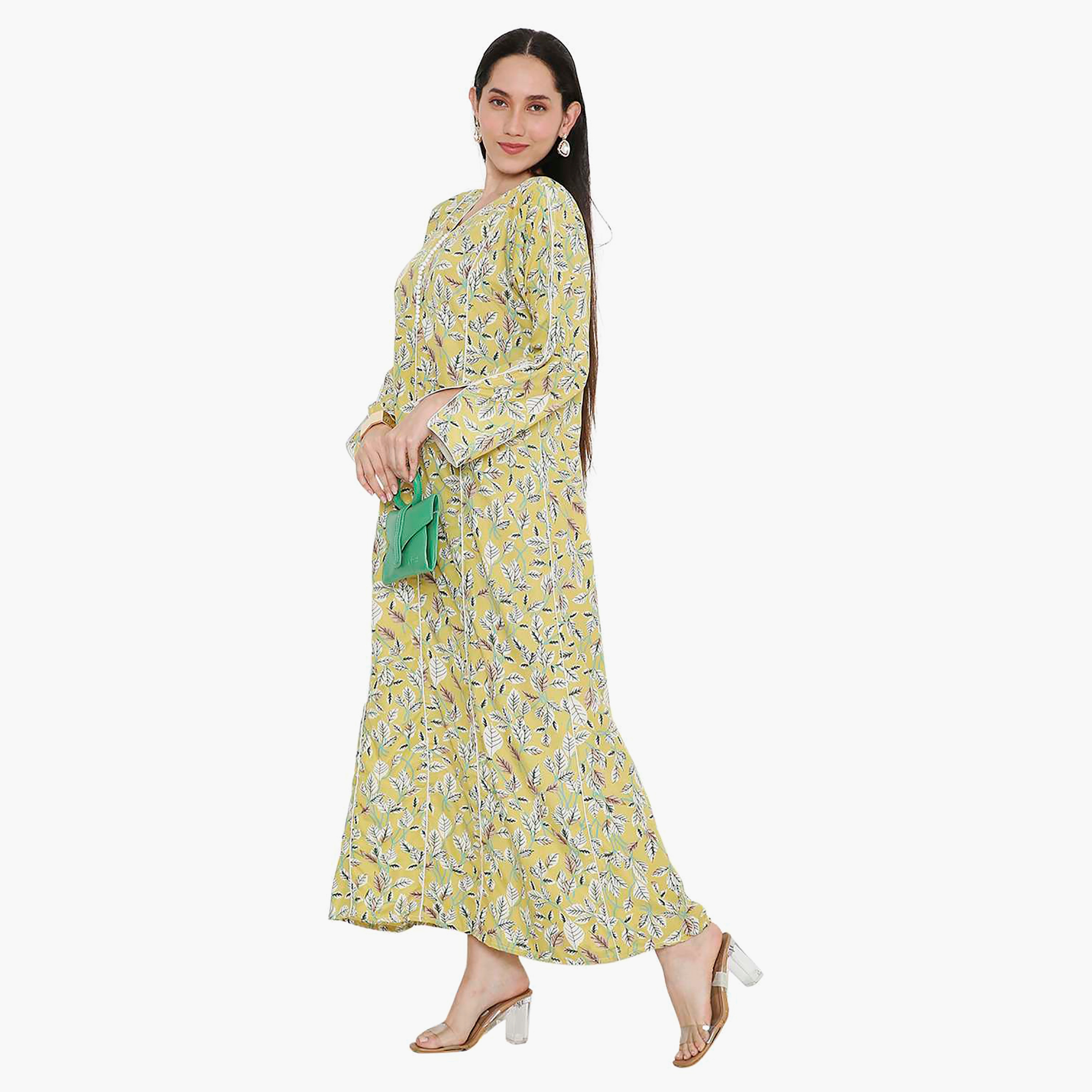 جلابية نسائية بطبعة أوراق الشجر مع أزرار وفتحة رقبة وأكمام مشقوقة من هانا آند سارة-women-arabicclothing-jalabiyas-image-8