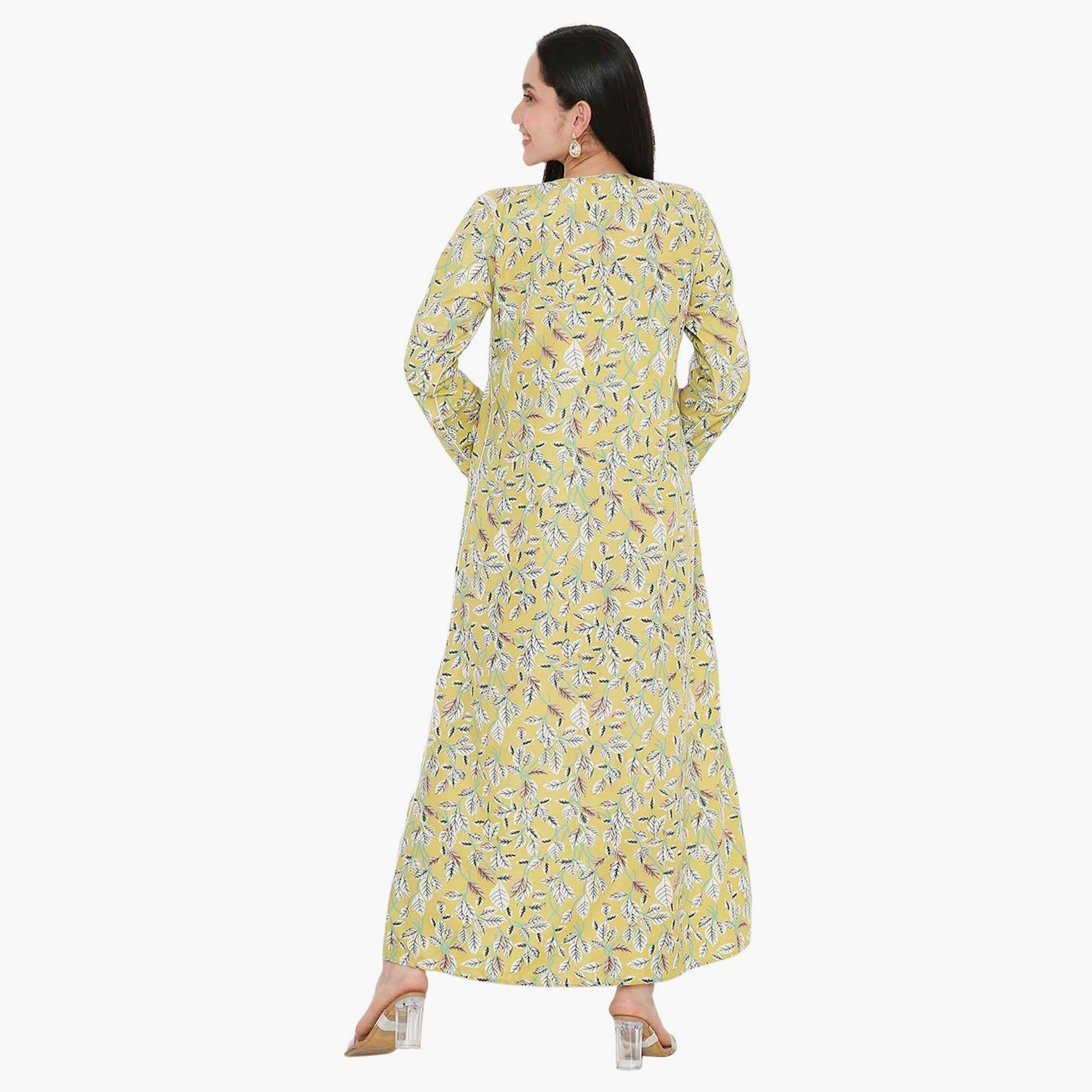 جلابية نسائية بطبعة أوراق الشجر مع أزرار وفتحة رقبة وأكمام مشقوقة من هانا آند سارة-women-arabicclothing-jalabiyas-image-9