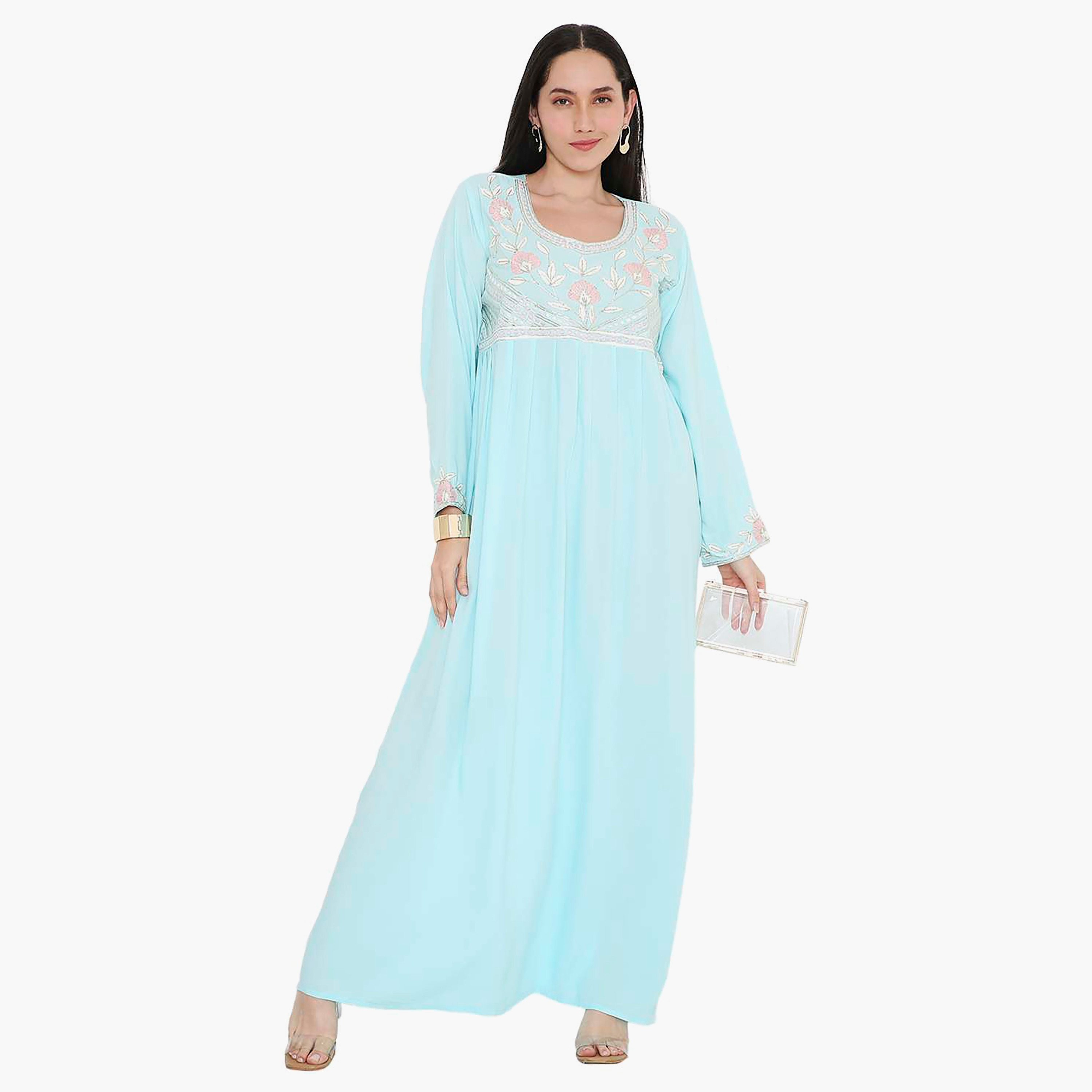 جلابية نسائية مطرزة بفتحة رقبة دائرية مع تفاصيل مطوية من هانا آند سارة-women-arabicclothing-jalabiyas-image-1