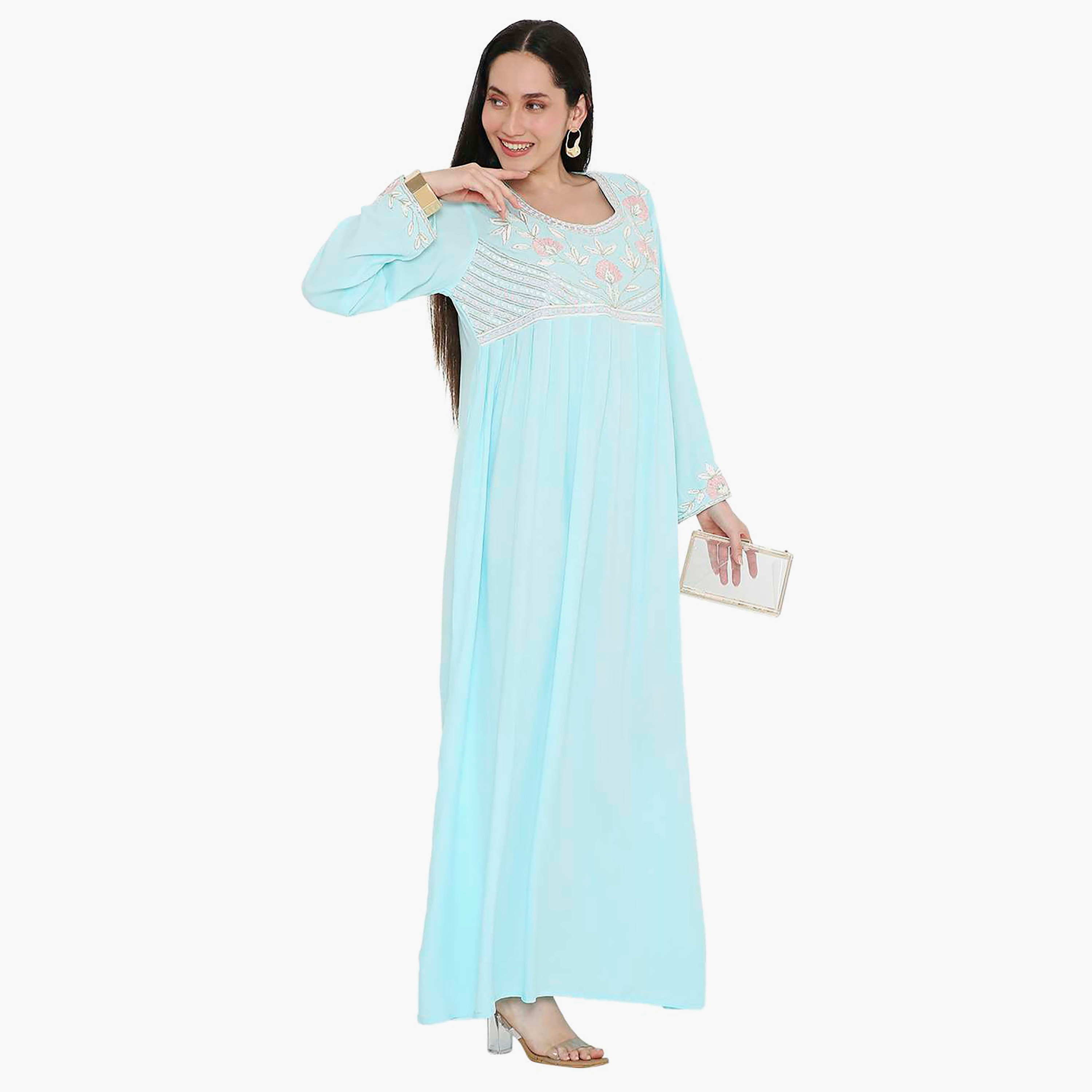 Hana & Sara Embroidered Scoop Neck with Pleated Detail Women's Jalabiya-women-arabicclothing-jalabiyas-image-3