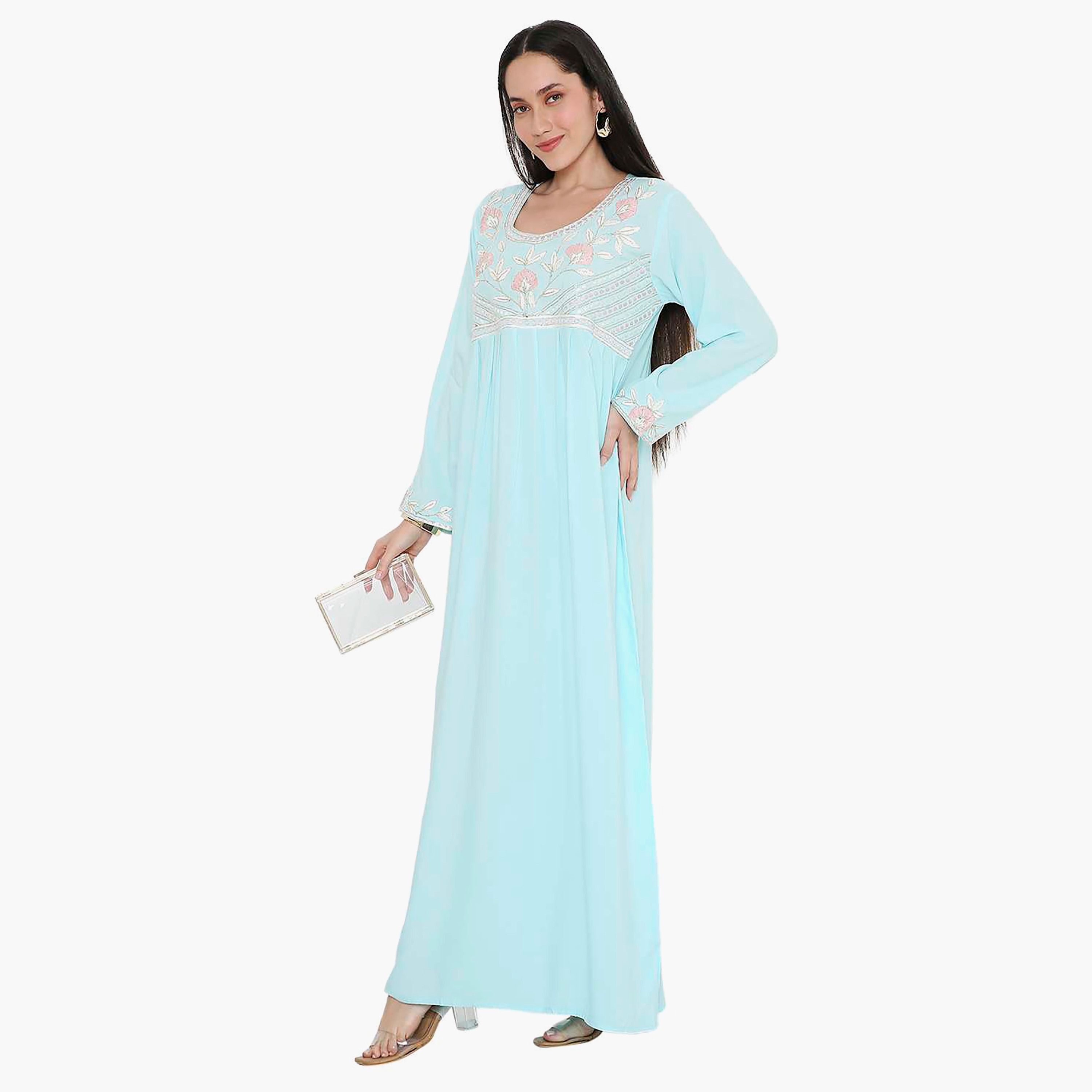 Hana & Sara Embroidered Scoop Neck with Pleated Detail Women's Jalabiya-women-arabicclothing-jalabiyas-image-4