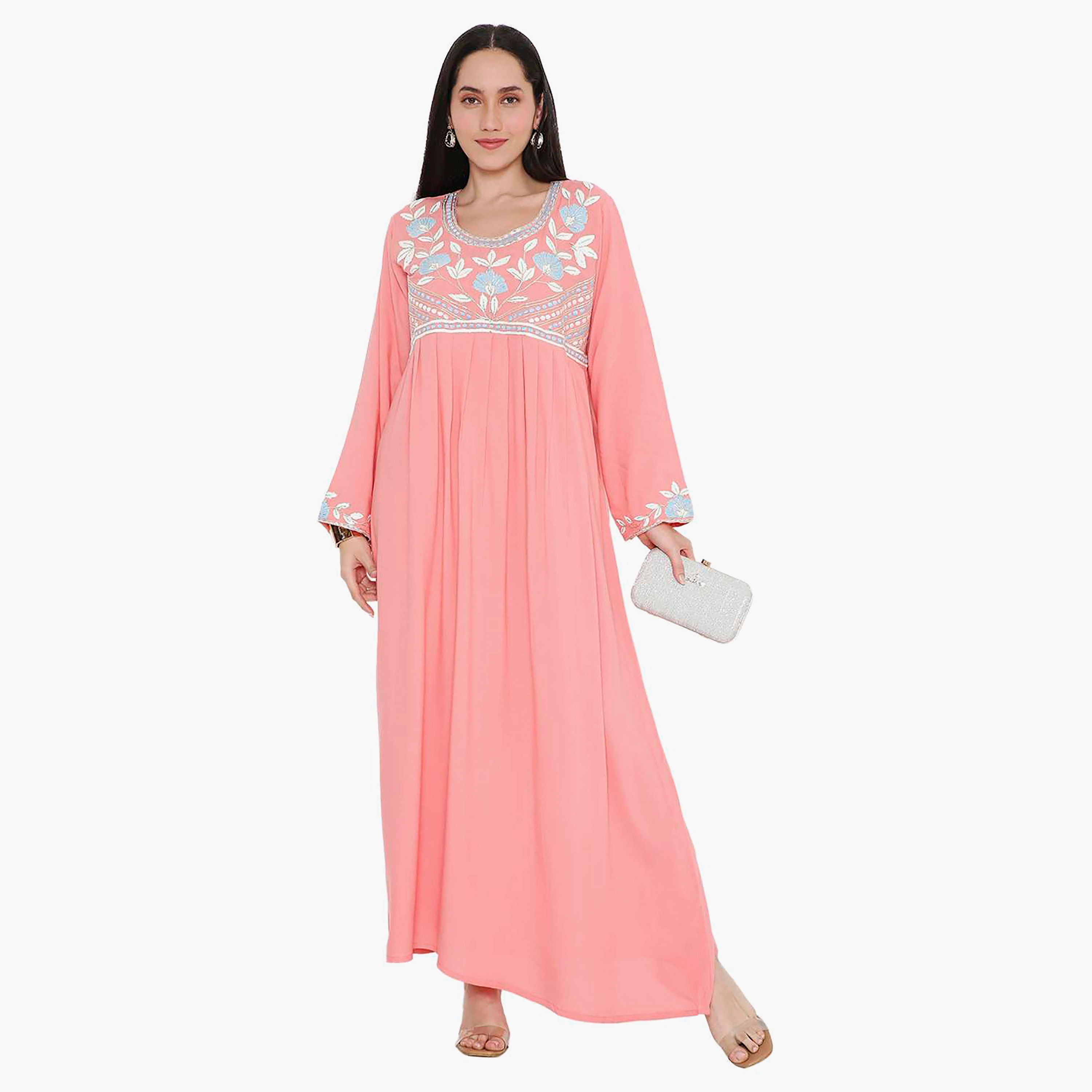 جلابية نسائية مطرزة بفتحة رقبة دائرية مع تفاصيل مطوية من هانا آند سارة-women-arabicclothing-jalabiyas-image-6