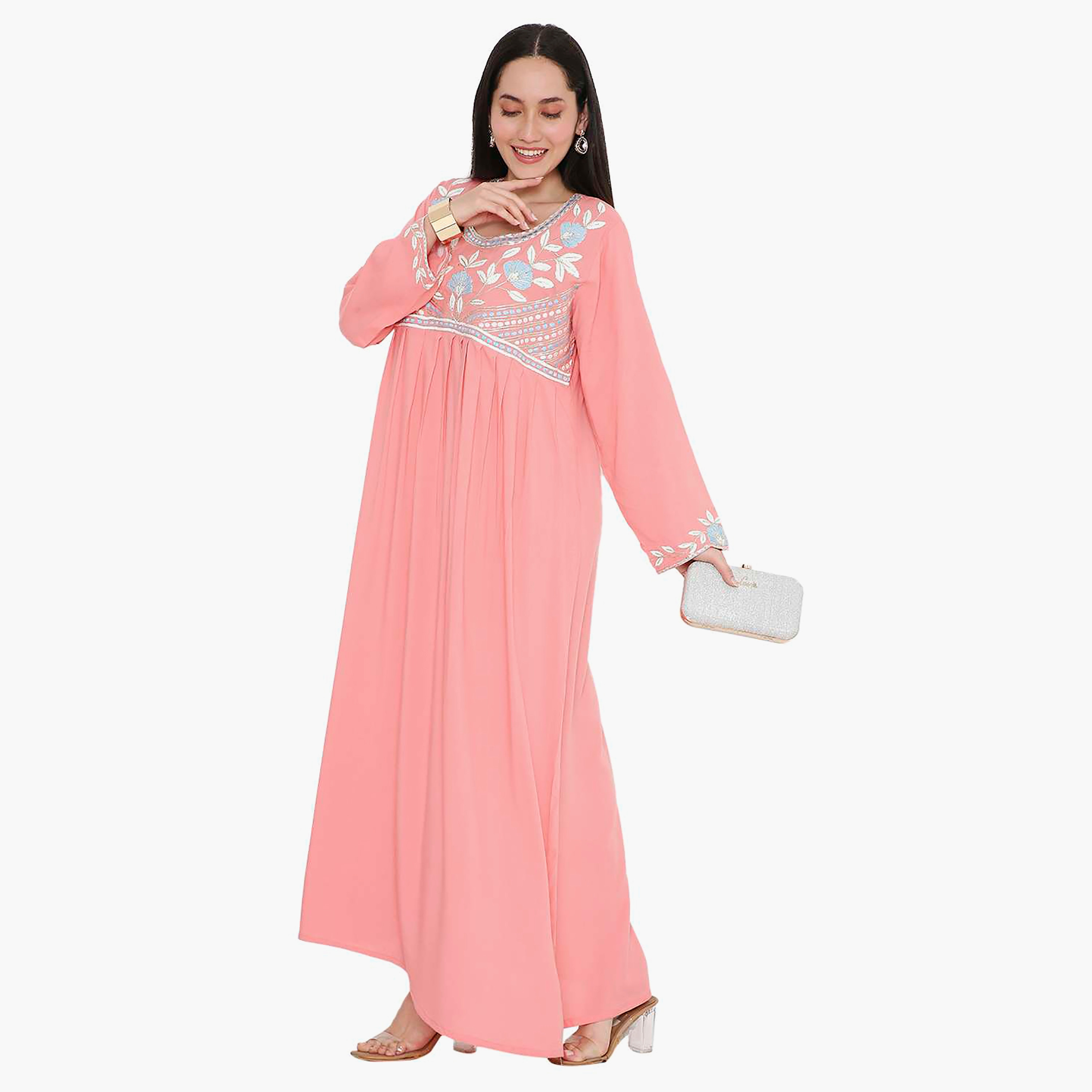 جلابية نسائية مطرزة بفتحة رقبة دائرية مع تفاصيل مطوية من هانا آند سارة-women-arabicclothing-jalabiyas-image-8