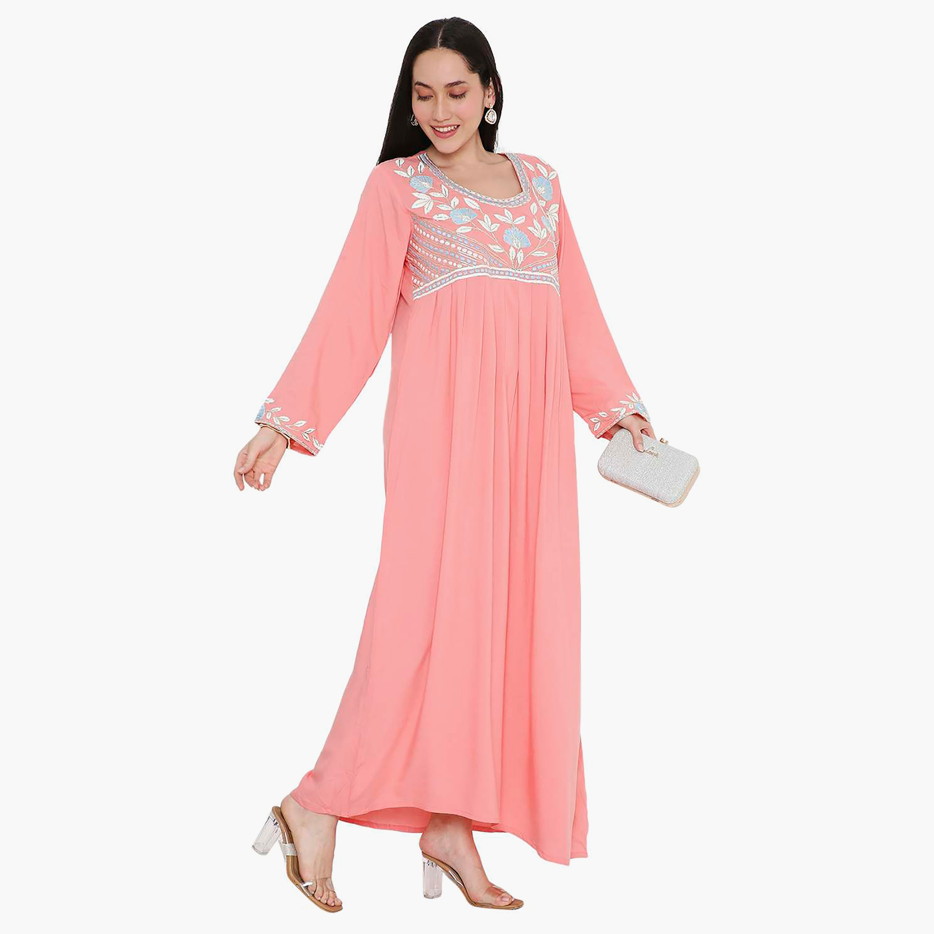 جلابية نسائية مطرزة بفتحة رقبة دائرية مع تفاصيل مطوية من هانا آند سارة-women-arabicclothing-jalabiyas-image-9
