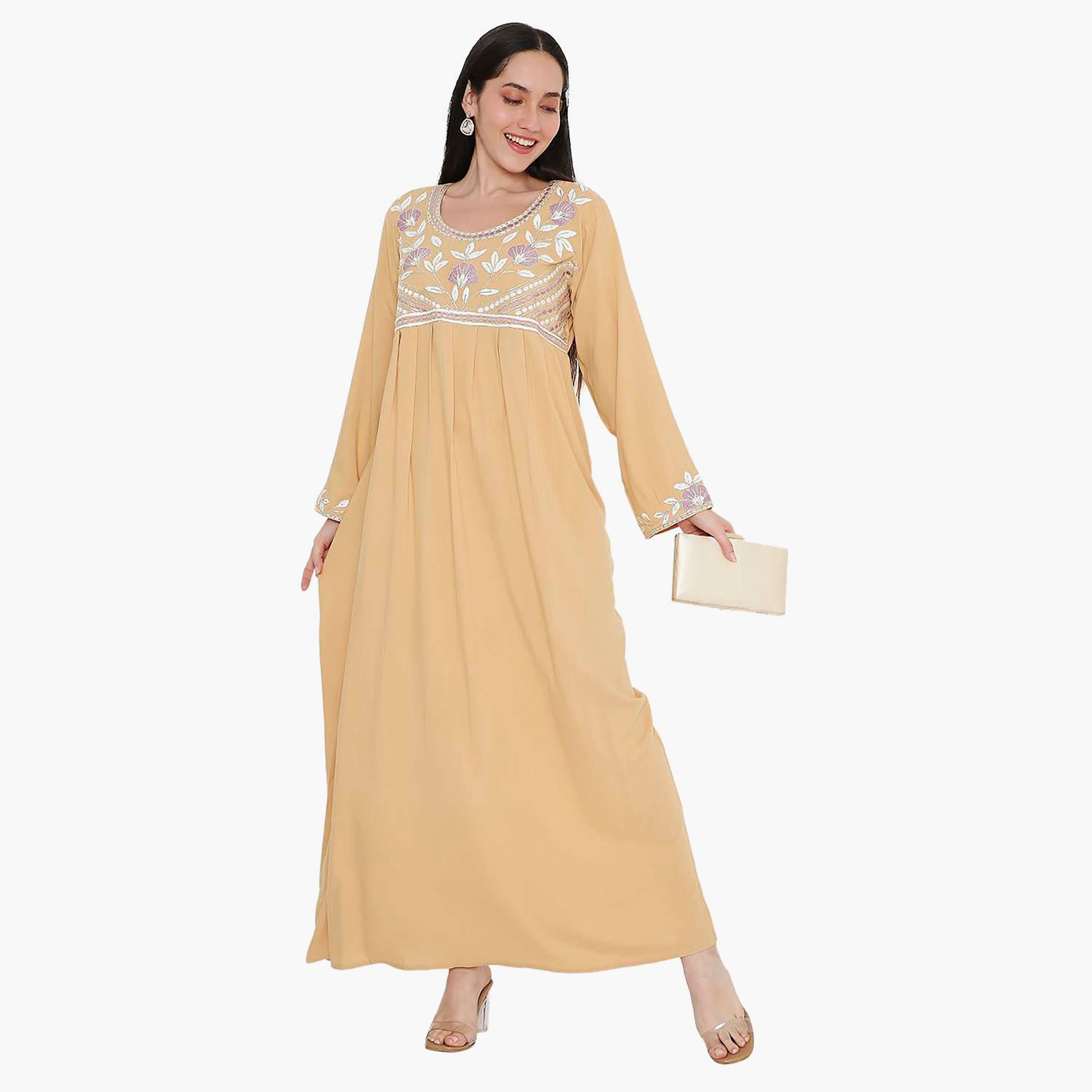 جلابية نسائية مطرزة بفتحة رقبة دائرية مع تفاصيل مطوية من هانا آند سارة-women-arabicclothing-jalabiyas-image-11