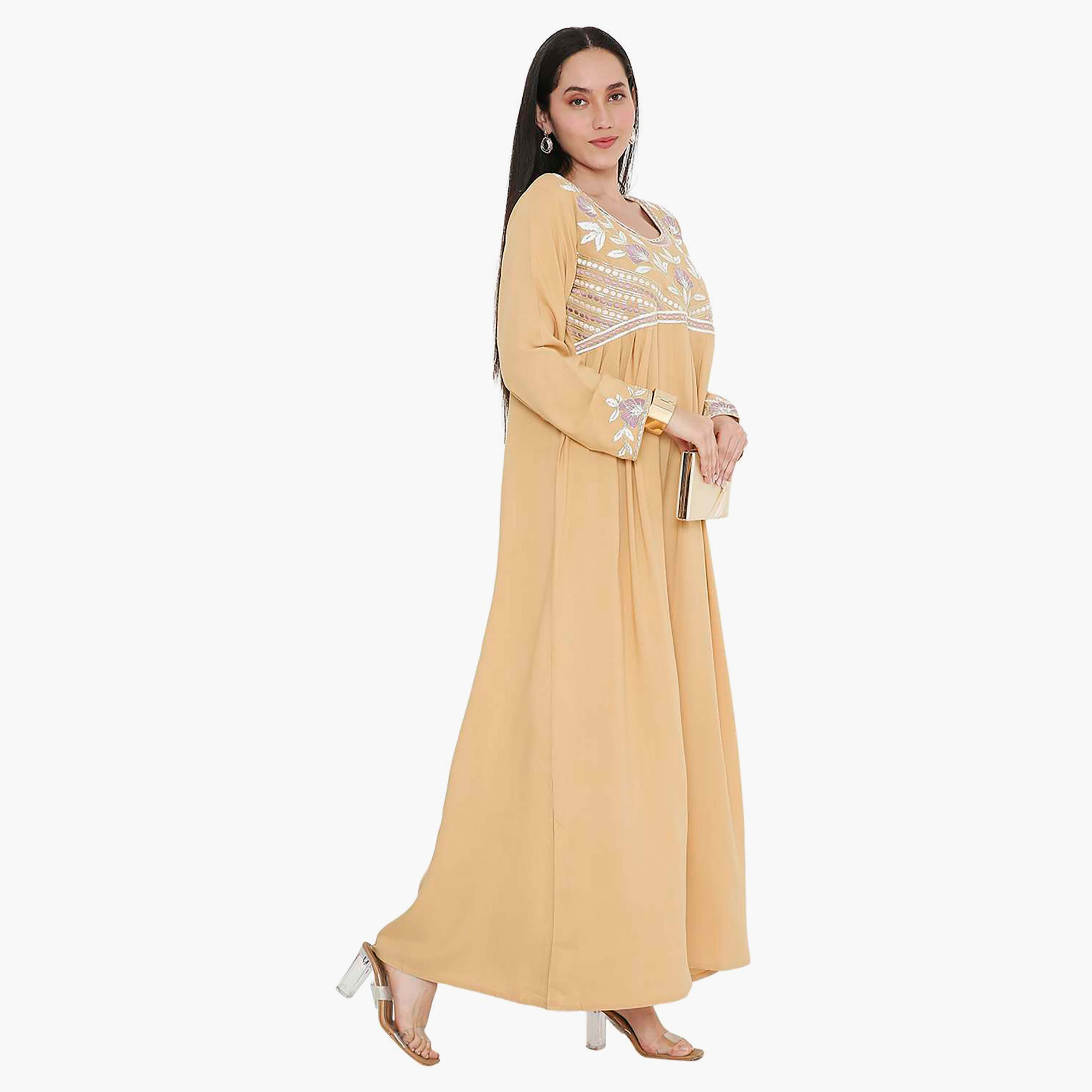 جلابية نسائية مطرزة بفتحة رقبة دائرية مع تفاصيل مطوية من هانا آند سارة-women-arabicclothing-jalabiyas-image-14