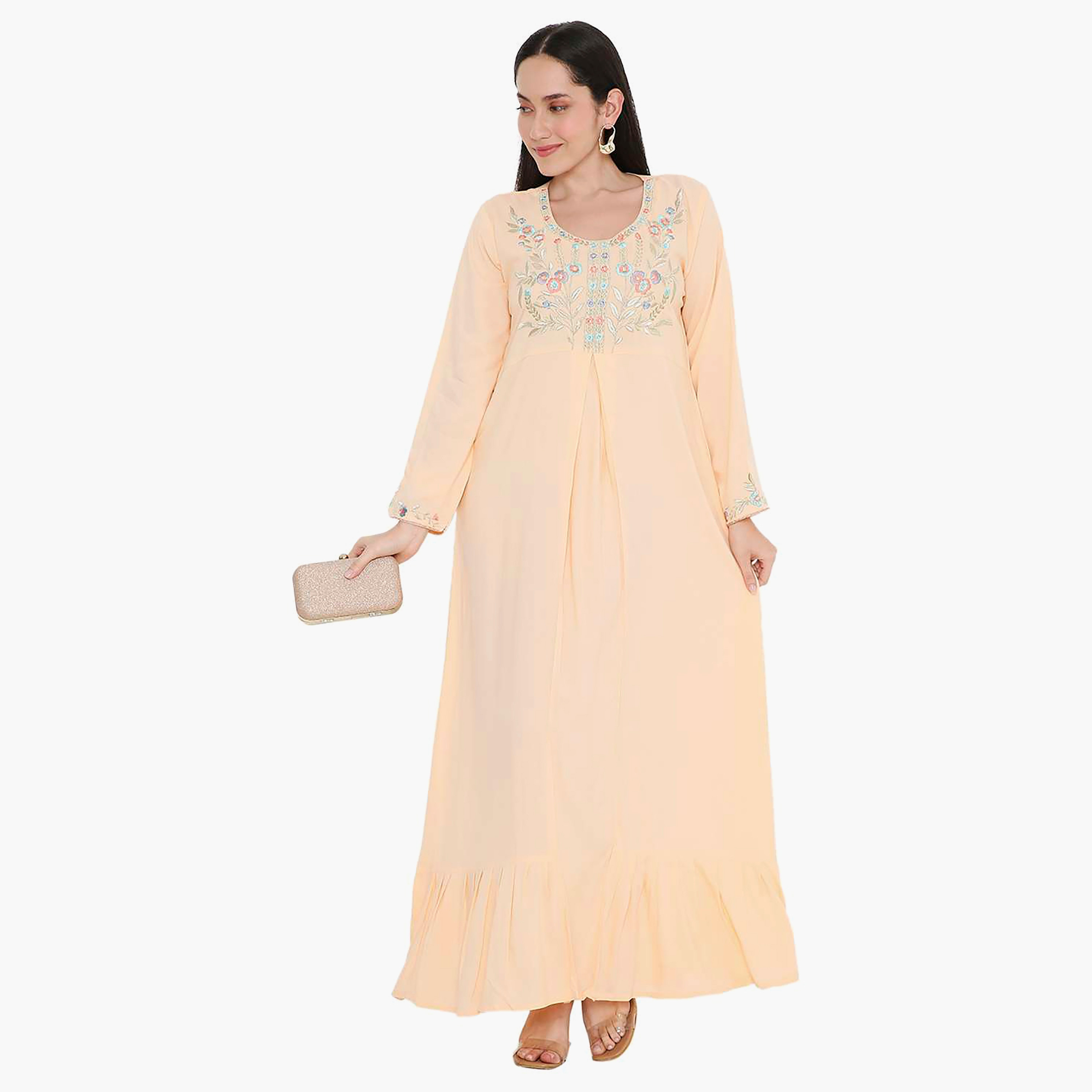 جلابية نسائية مطرزة بفتحة رقبة دائرية مع تفاصيل مطوية من هانا آند سارة-women-arabicclothing-jalabiyas-image-1