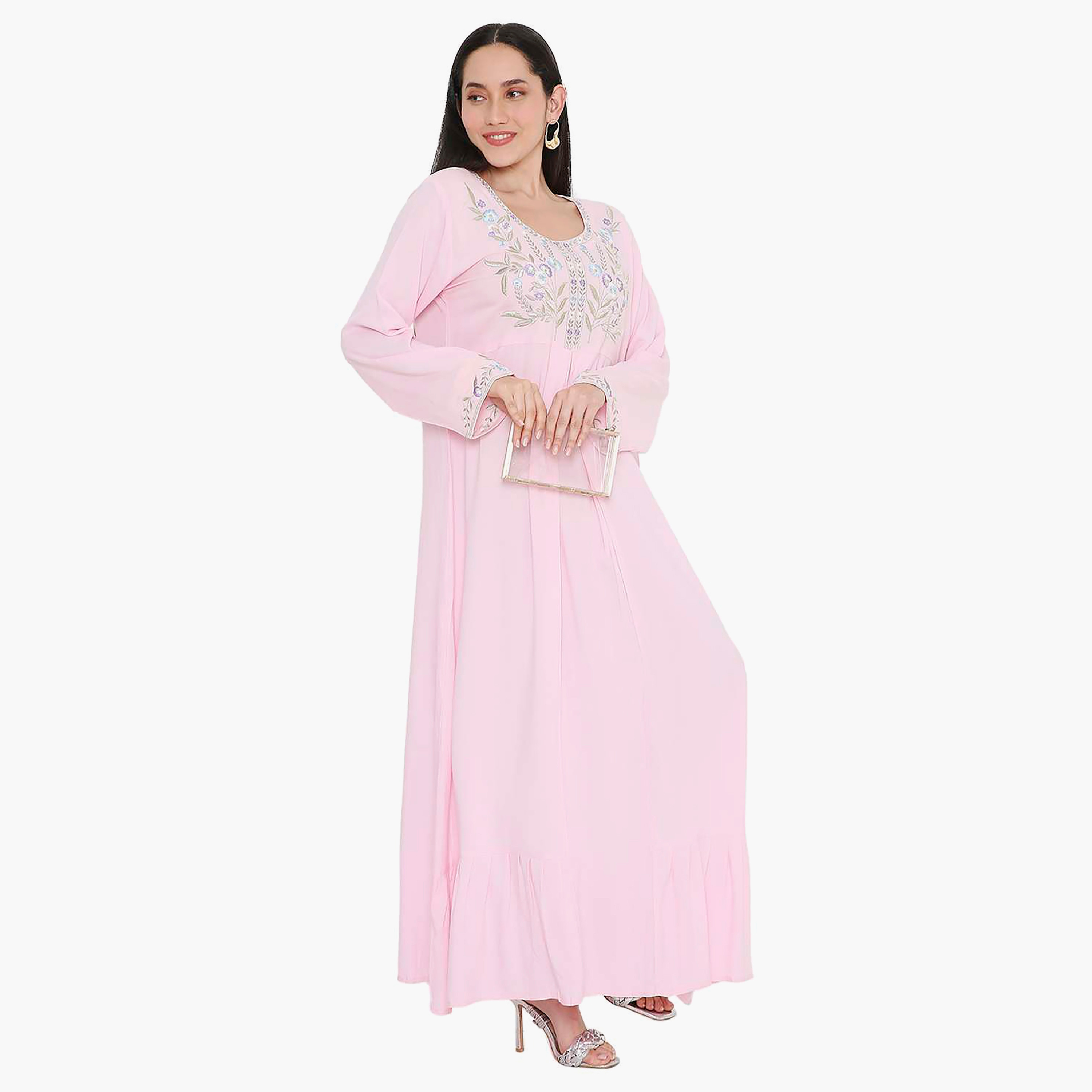 جلابية نسائية مطرزة بفتحة رقبة دائرية مع تفاصيل مطوية من هانا آند سارة-women-arabicclothing-jalabiyas-image-9