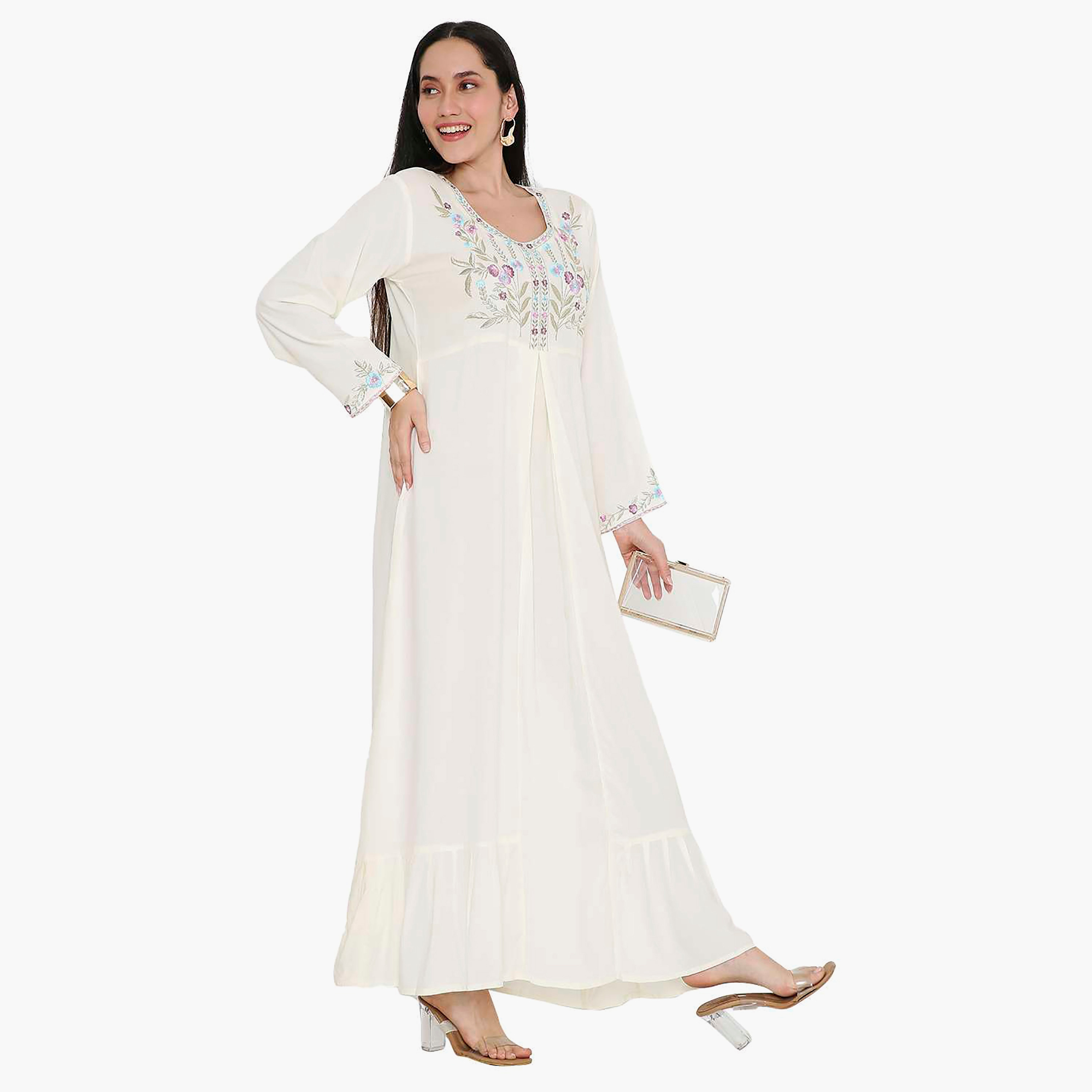 جلابية نسائية مطرزة بفتحة رقبة دائرية مع تفاصيل مطوية من هانا آند سارة-women-arabicclothing-jalabiyas-image-14