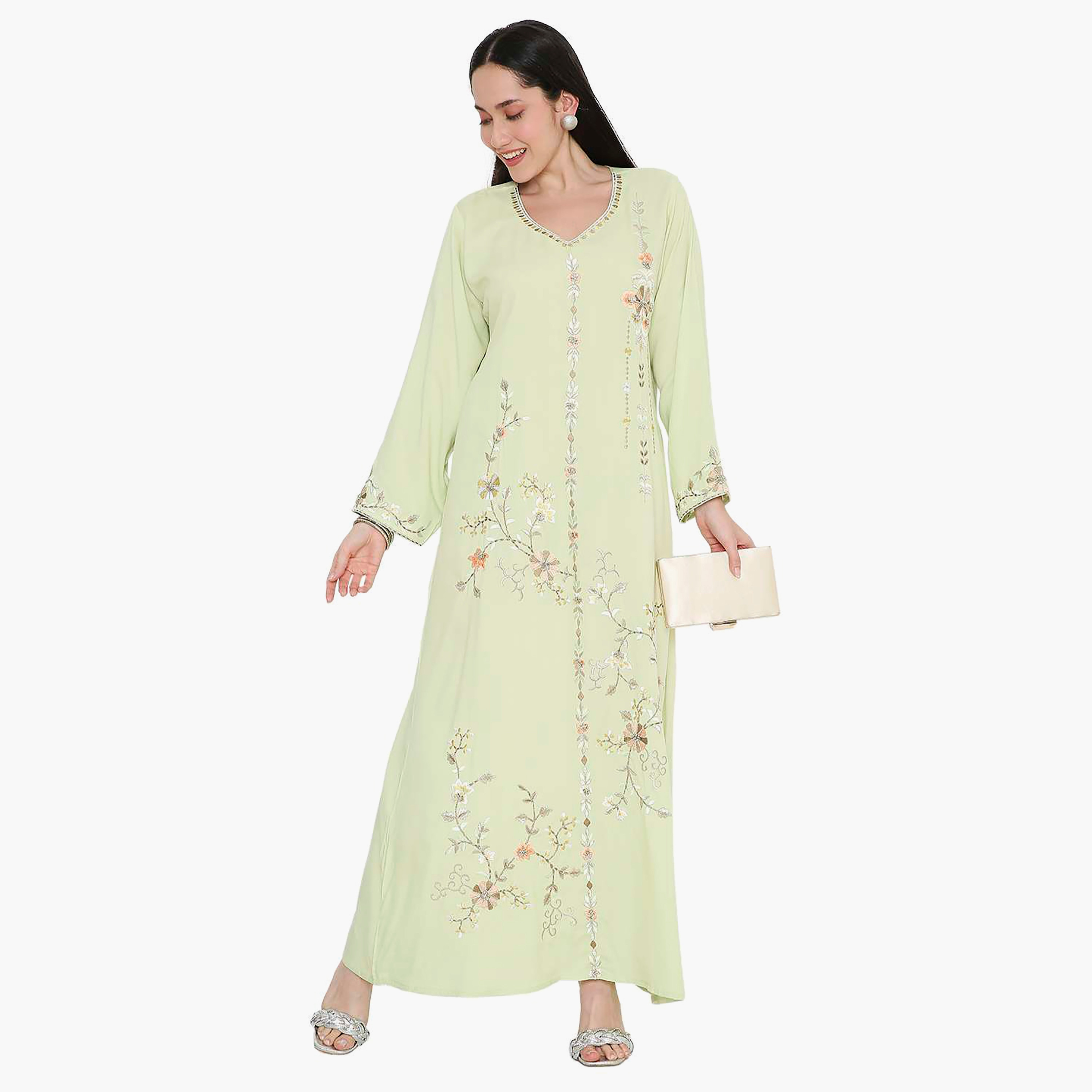 Hana & Sara Embroidered Designed Cuffed Sleeves Women's Jalabiya-women-arabicclothing-jalabiyas-image-1