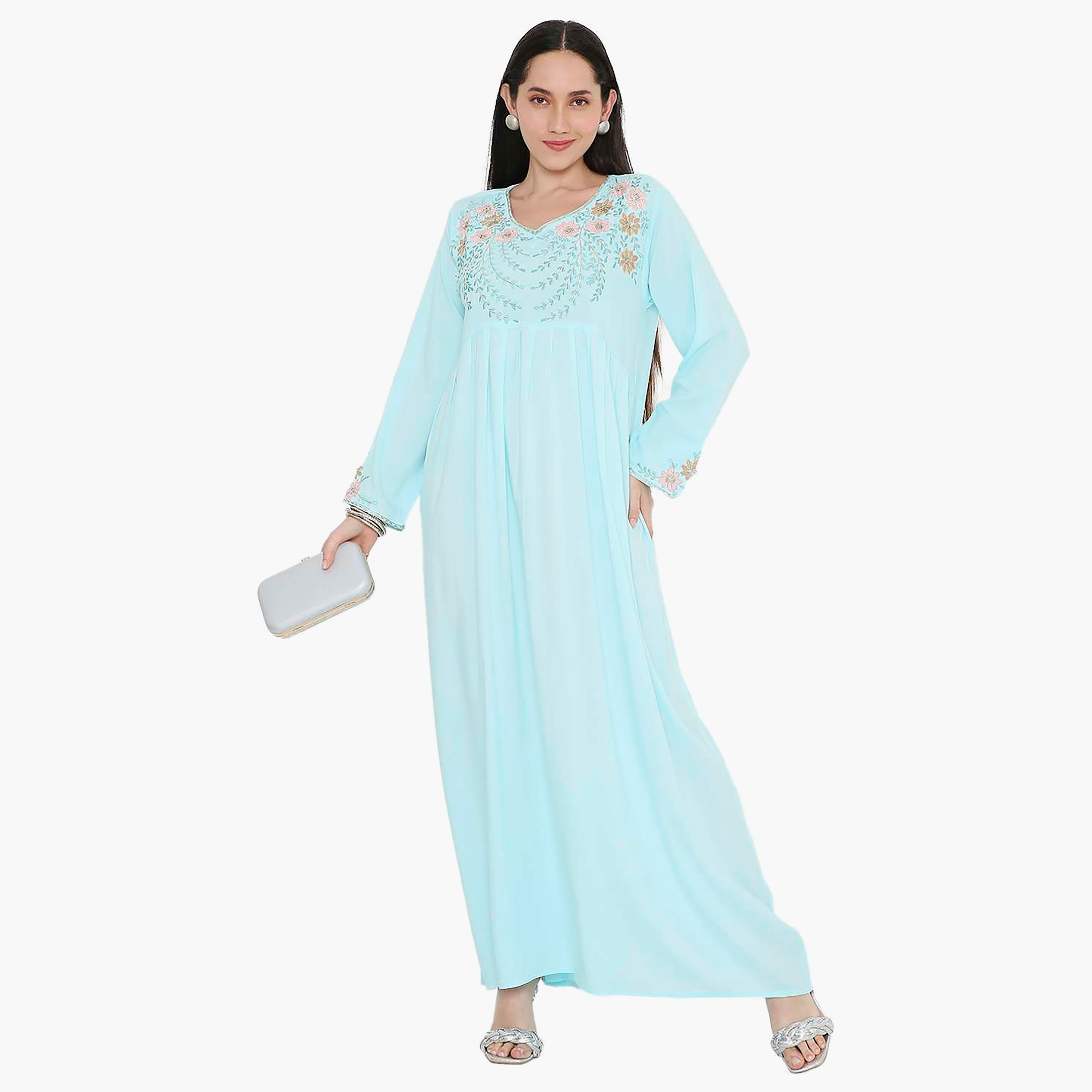 جلابية نسائية بأكمام مطوية ومطرزة من هانا آند سارة-women-arabicclothing-jalabiyas-image-1