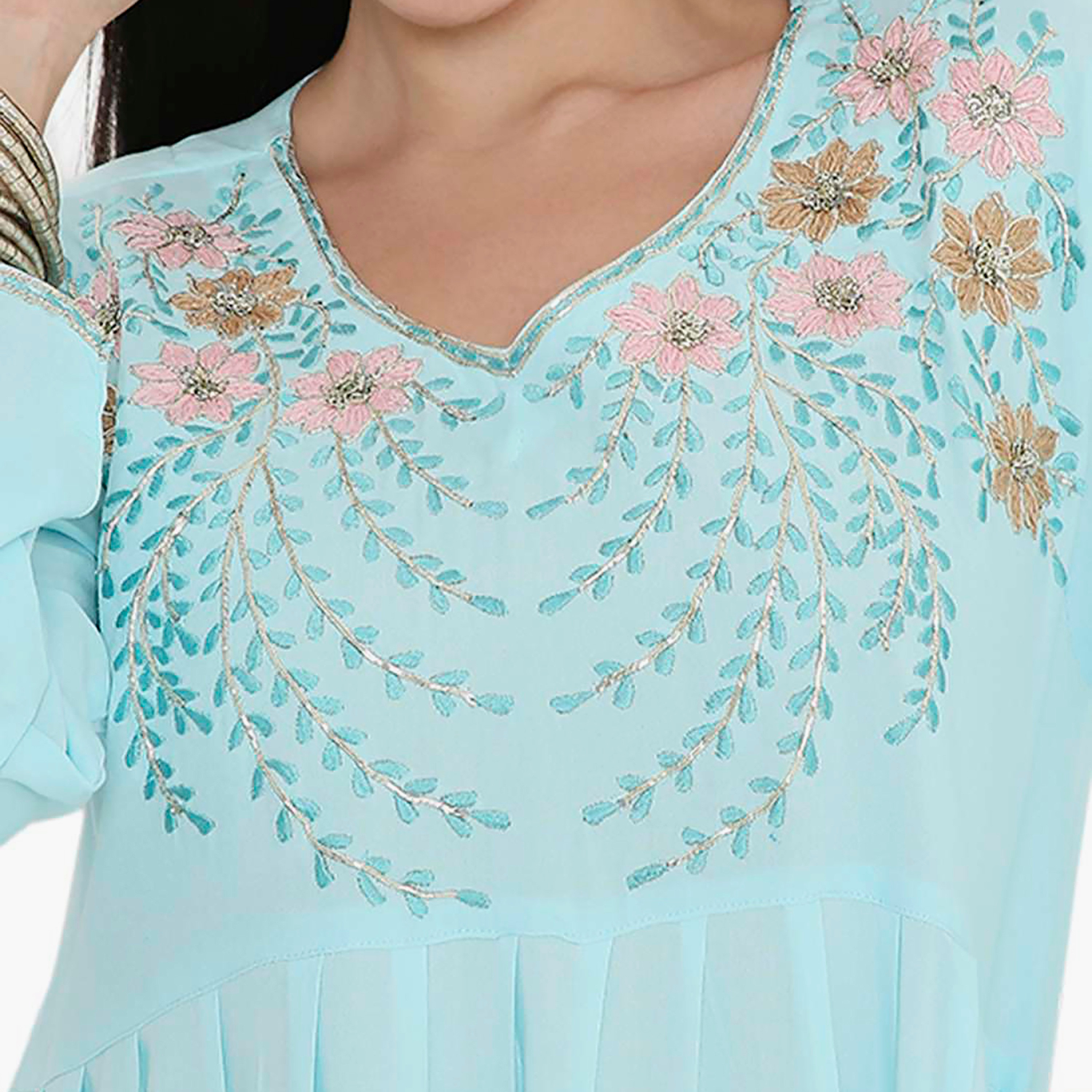 Hana & Sara Embroidered & Pleated Detail Designed Cuffed Sleeves Women's Jalabiya-women-arabicclothing-jalabiyas-image-2