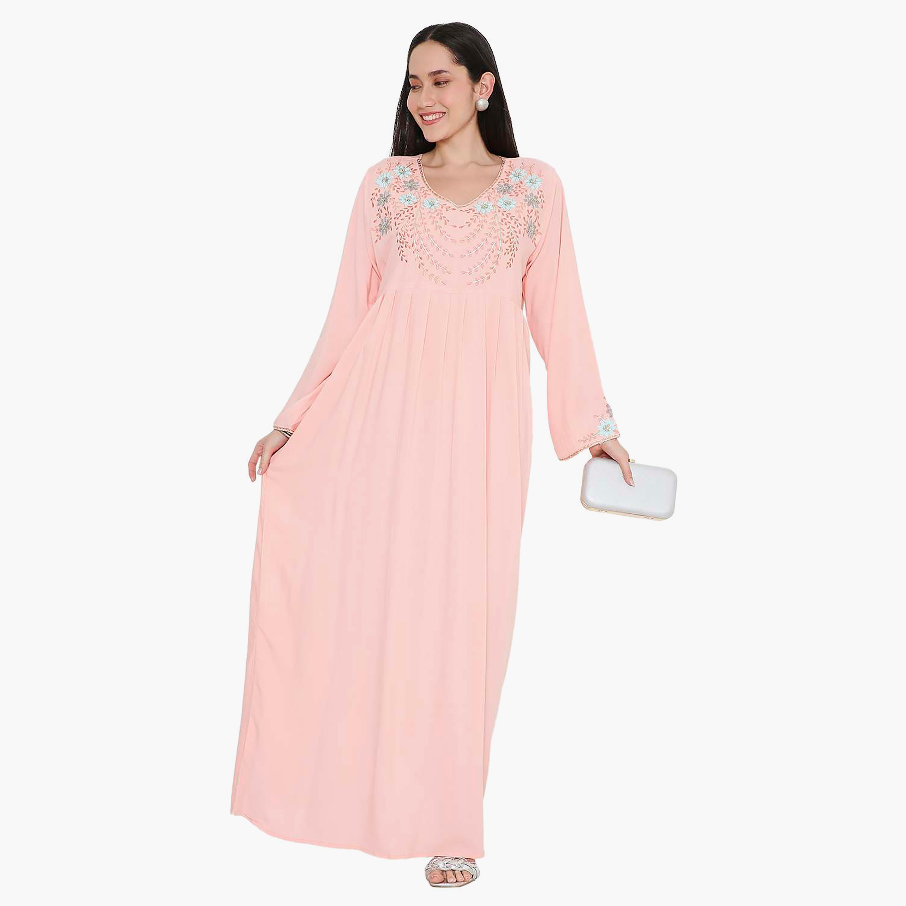 Hana & Sara Embroidered & Pleated Detail Designed Cuffed Sleeves Women's Jalabiya-women-arabicclothing-jalabiyas-image-6