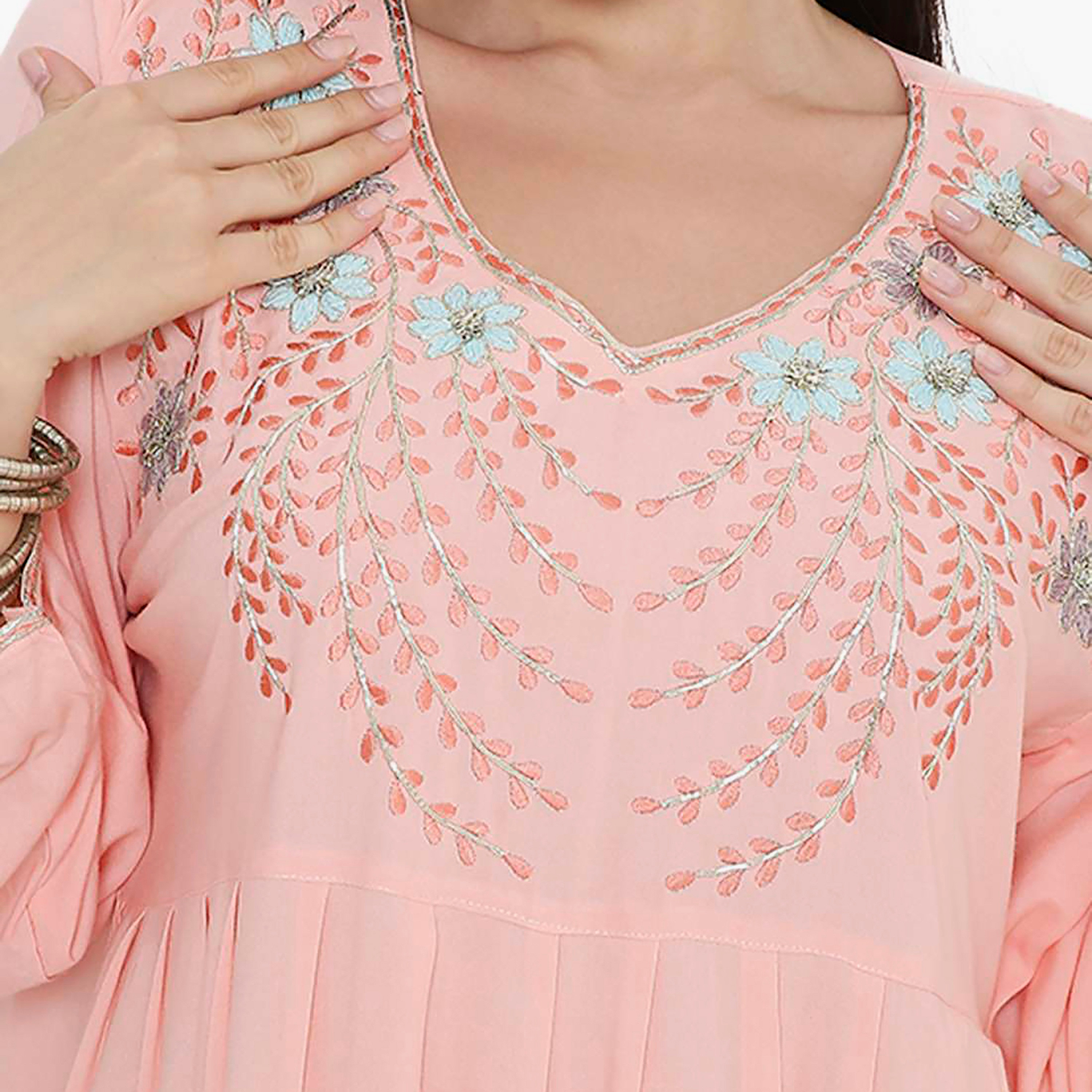 Hana & Sara Embroidered & Pleated Detail Designed Cuffed Sleeves Women's Jalabiya-women-arabicclothing-jalabiyas-image-7
