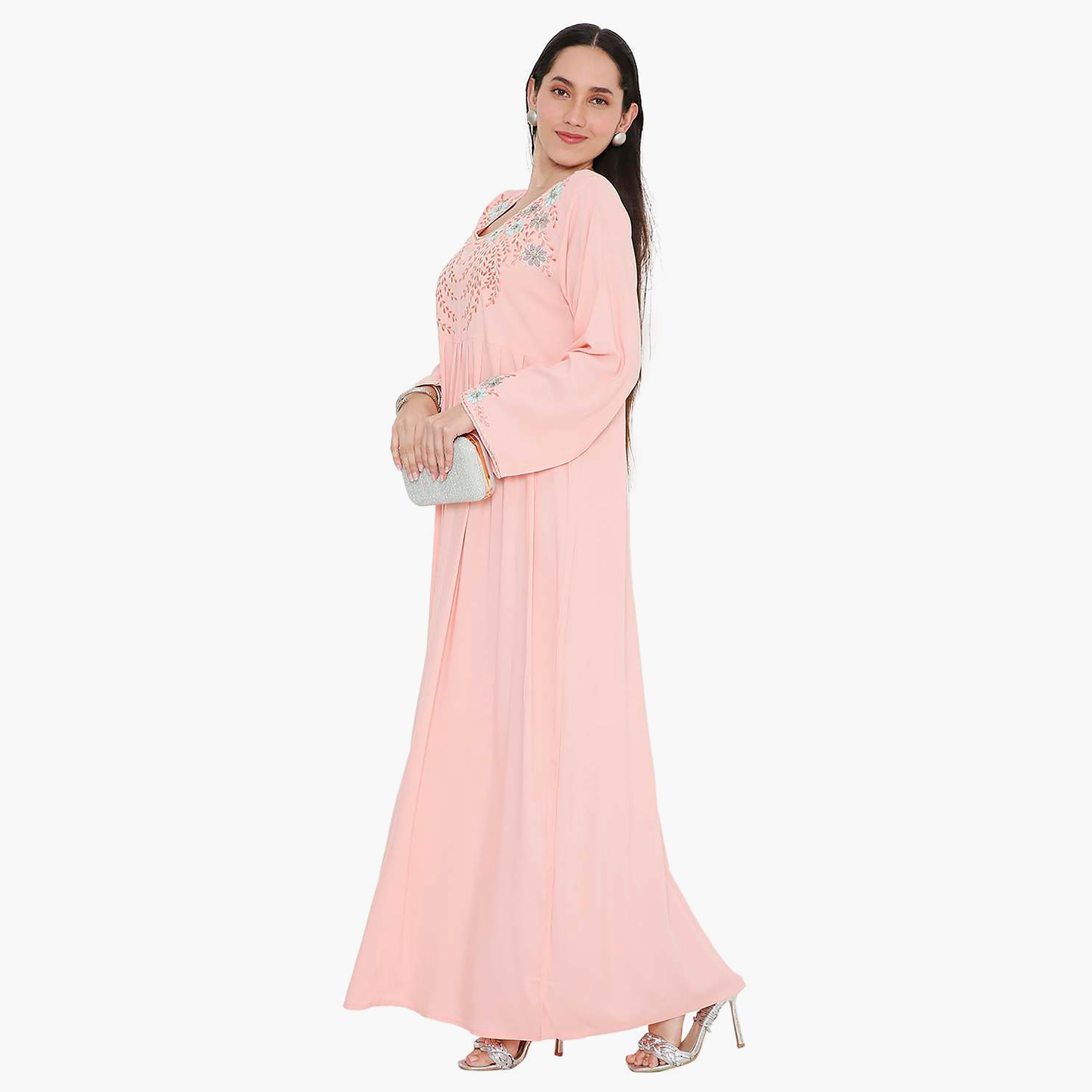 Hana & Sara Embroidered & Pleated Detail Designed Cuffed Sleeves Women's Jalabiya-women-arabicclothing-jalabiyas-image-8
