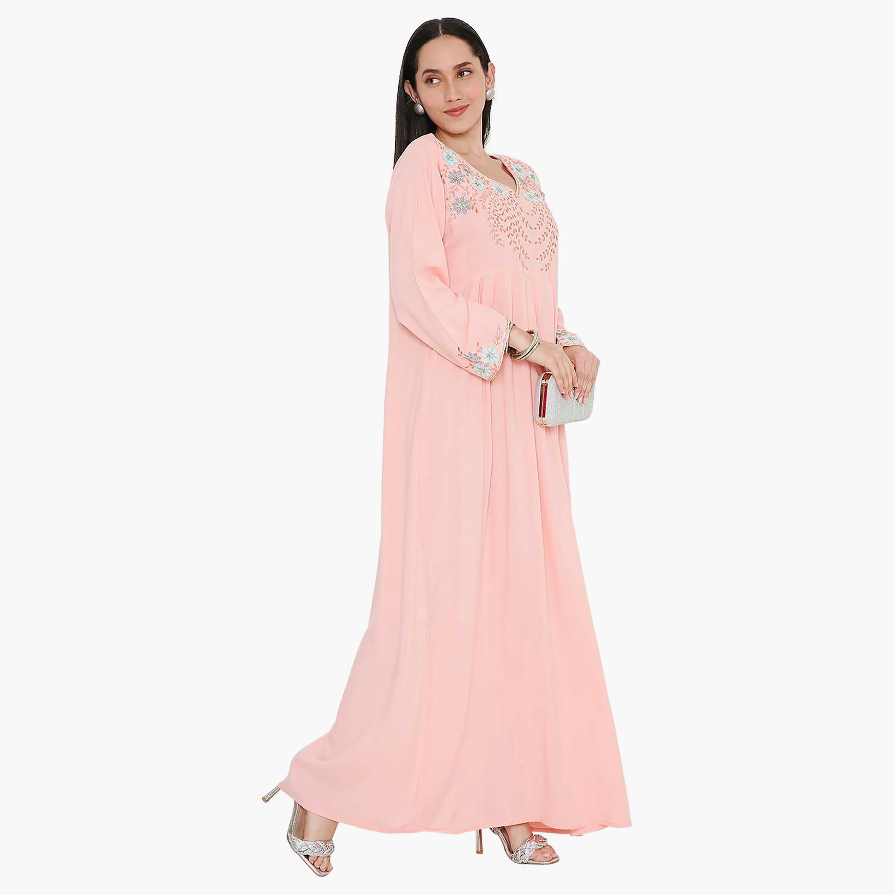 Hana & Sara Embroidered & Pleated Detail Designed Cuffed Sleeves Women's Jalabiya-women-arabicclothing-jalabiyas-image-9
