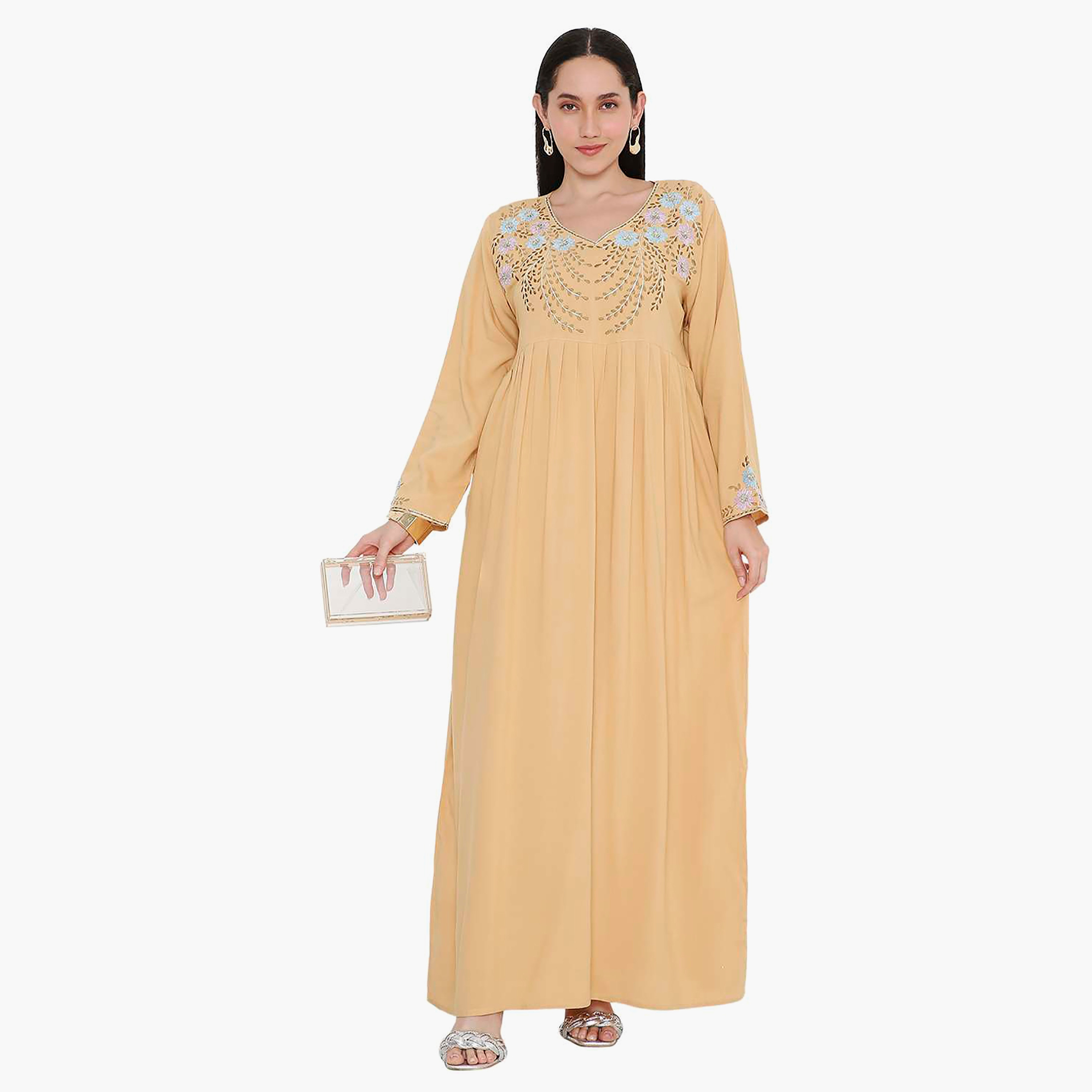 Hana & Sara Embroidered & Pleated Detail Designed Cuffed Sleeves Women's Jalabiya-women-arabicclothing-jalabiyas-image-11