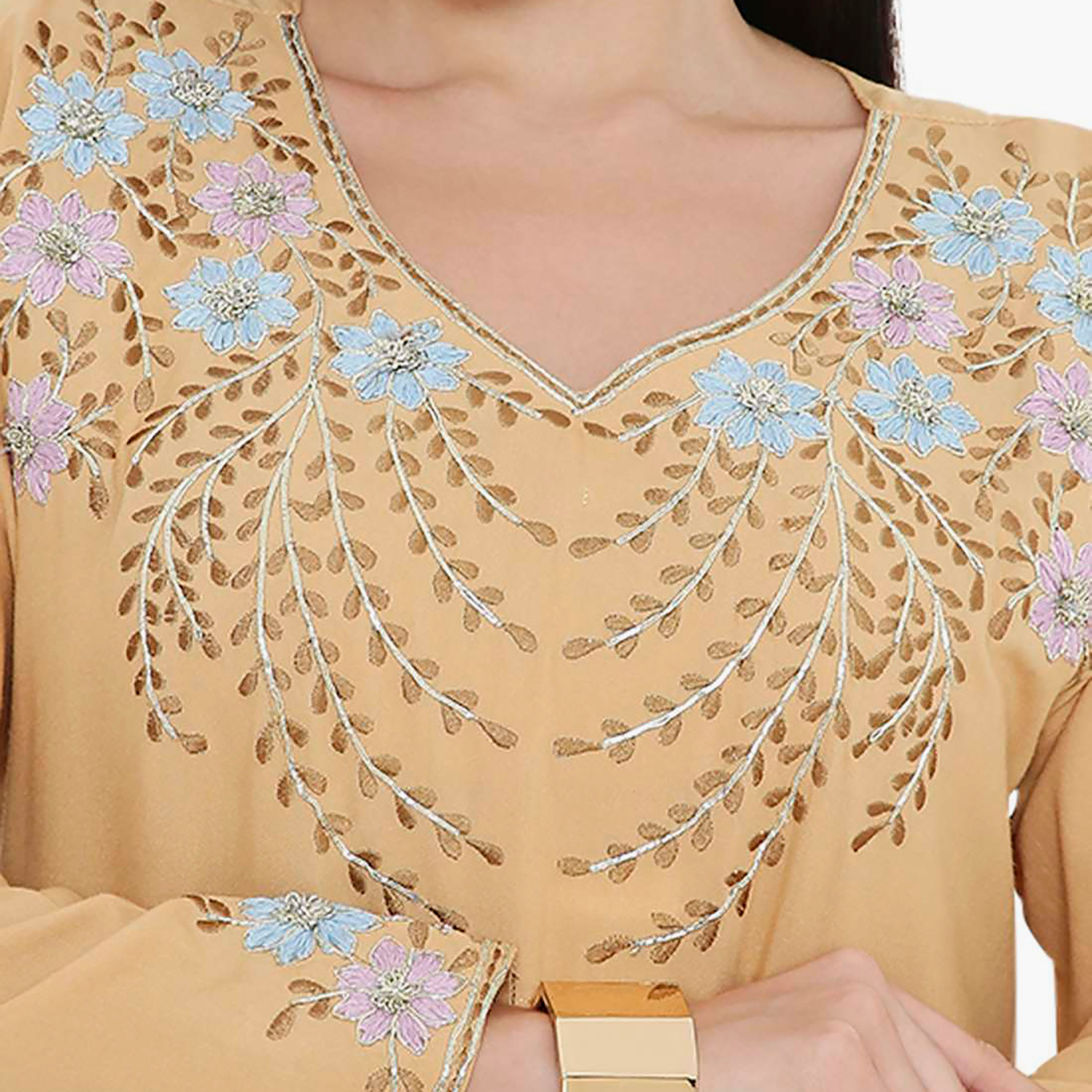 Hana & Sara Embroidered & Pleated Detail Designed Cuffed Sleeves Women's Jalabiya-women-arabicclothing-jalabiyas-image-12