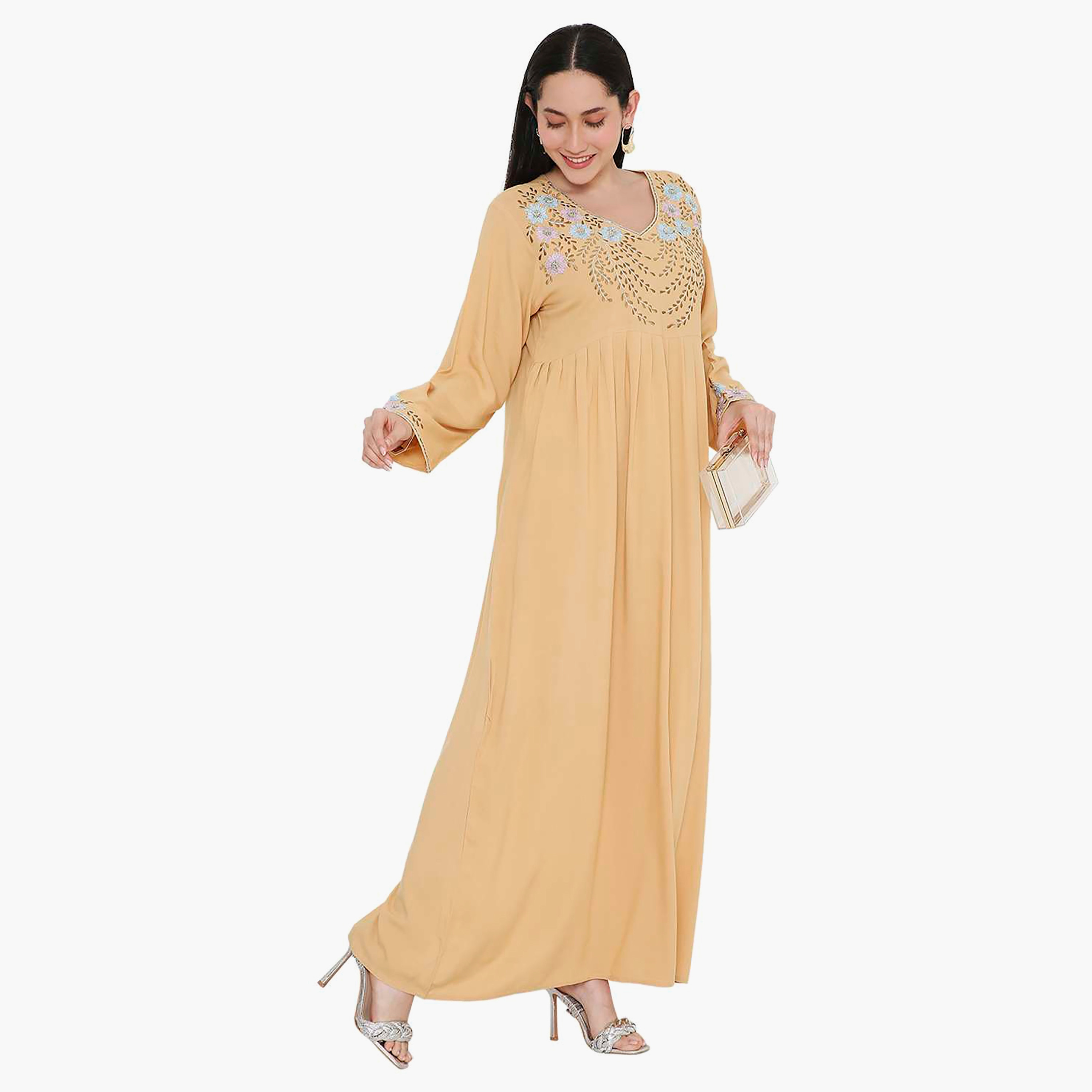 Hana & Sara Embroidered & Pleated Detail Designed Cuffed Sleeves Women's Jalabiya-women-arabicclothing-jalabiyas-image-13
