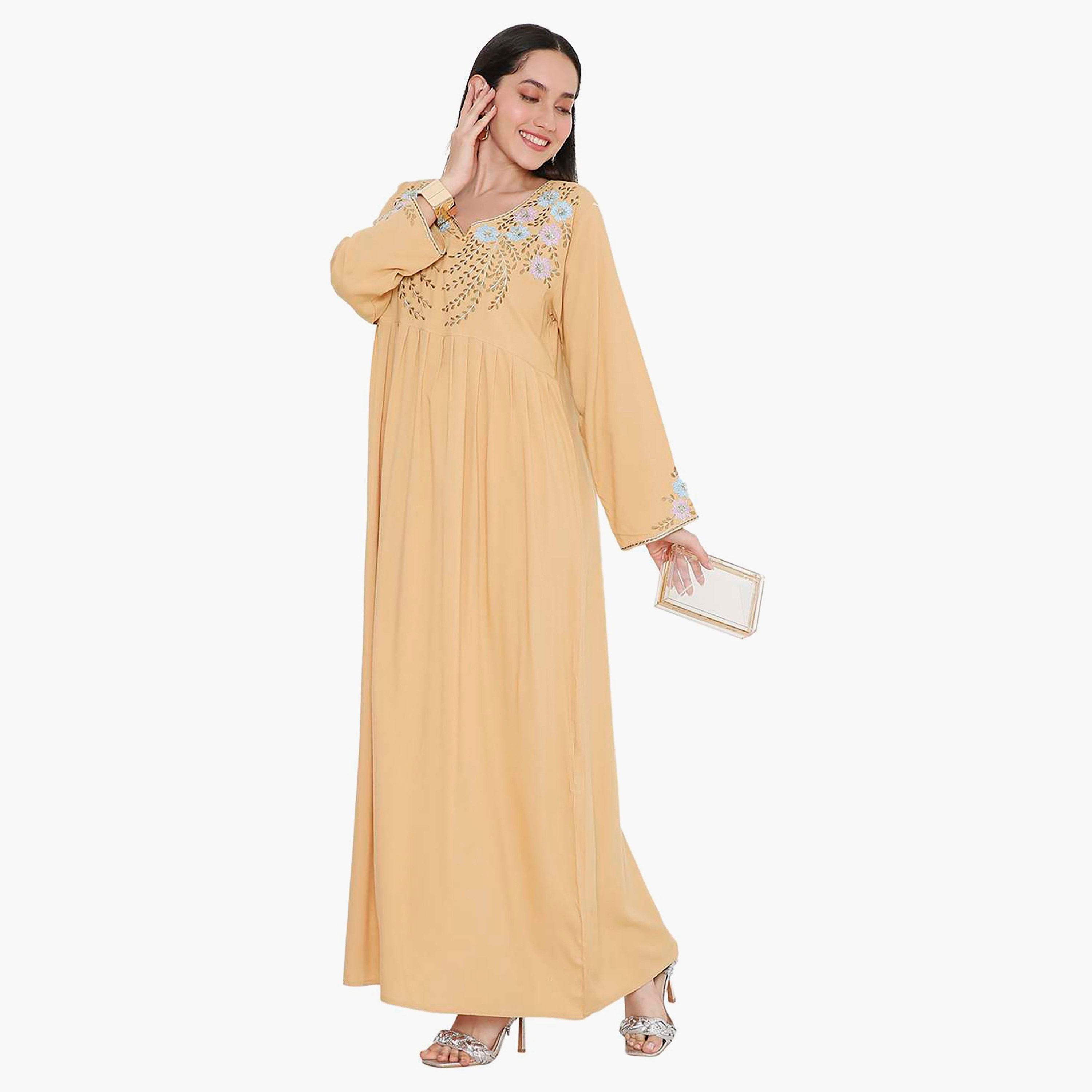 Hana & Sara Embroidered & Pleated Detail Designed Cuffed Sleeves Women's Jalabiya-women-arabicclothing-jalabiyas-image-14