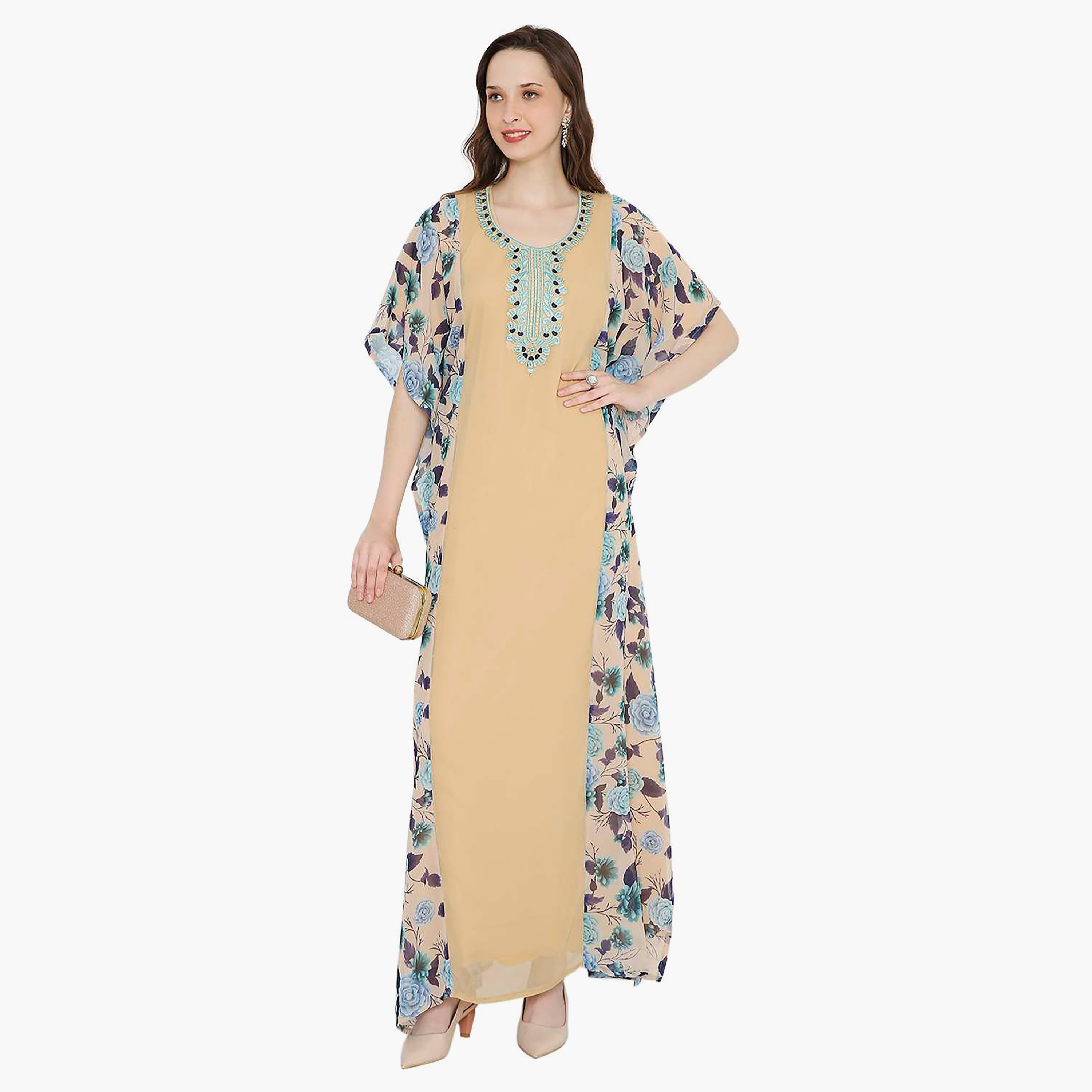 Hana & Sara Floral Embroidered Knot Neck Detail Flared Sleeves Women's Festive Kaftaan-women-arabicclothing-jalabiyas-image-1