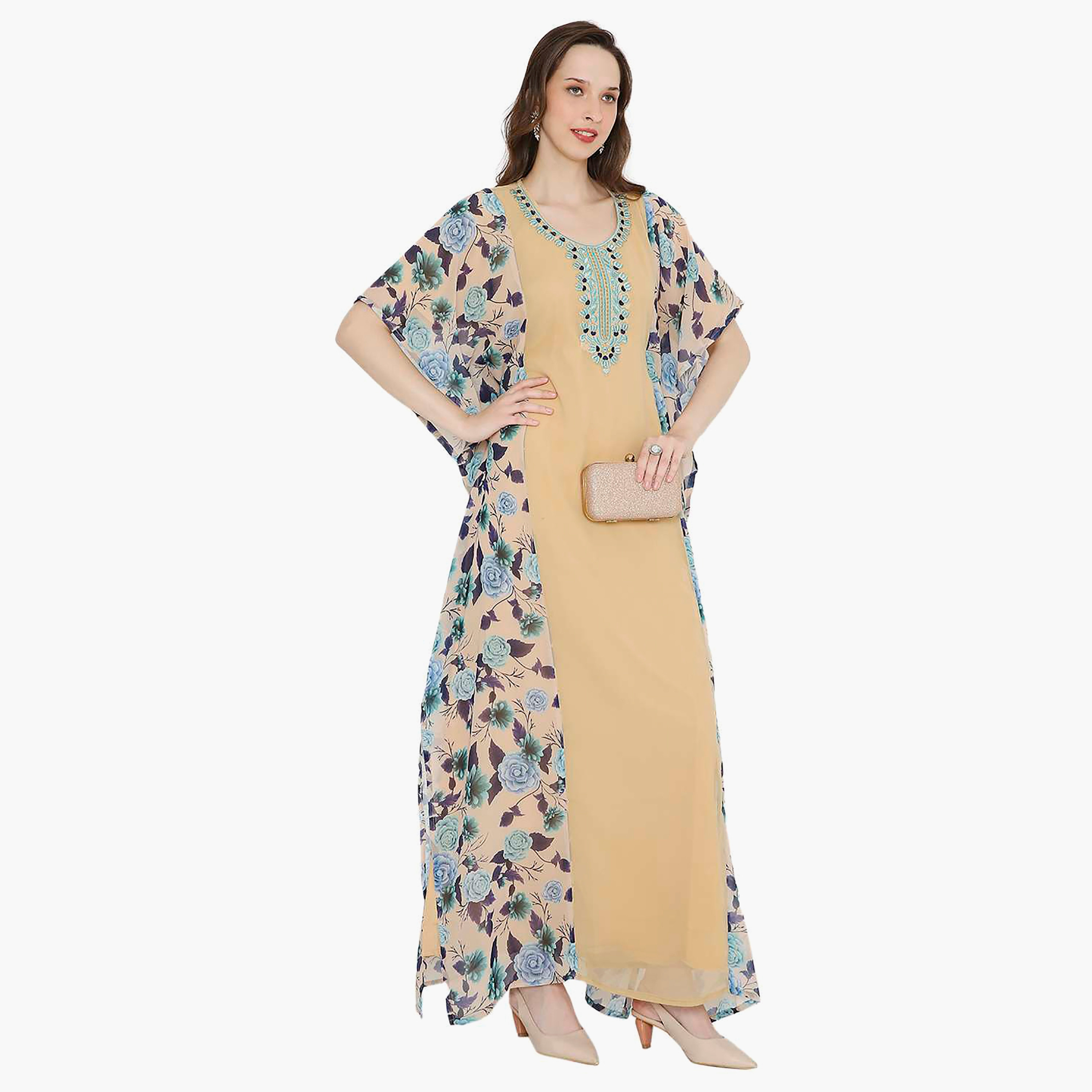 Hana & Sara Floral Embroidered Knot Neck Detail Flared Sleeves Women's Festive Kaftaan-women-arabicclothing-jalabiyas-image-3