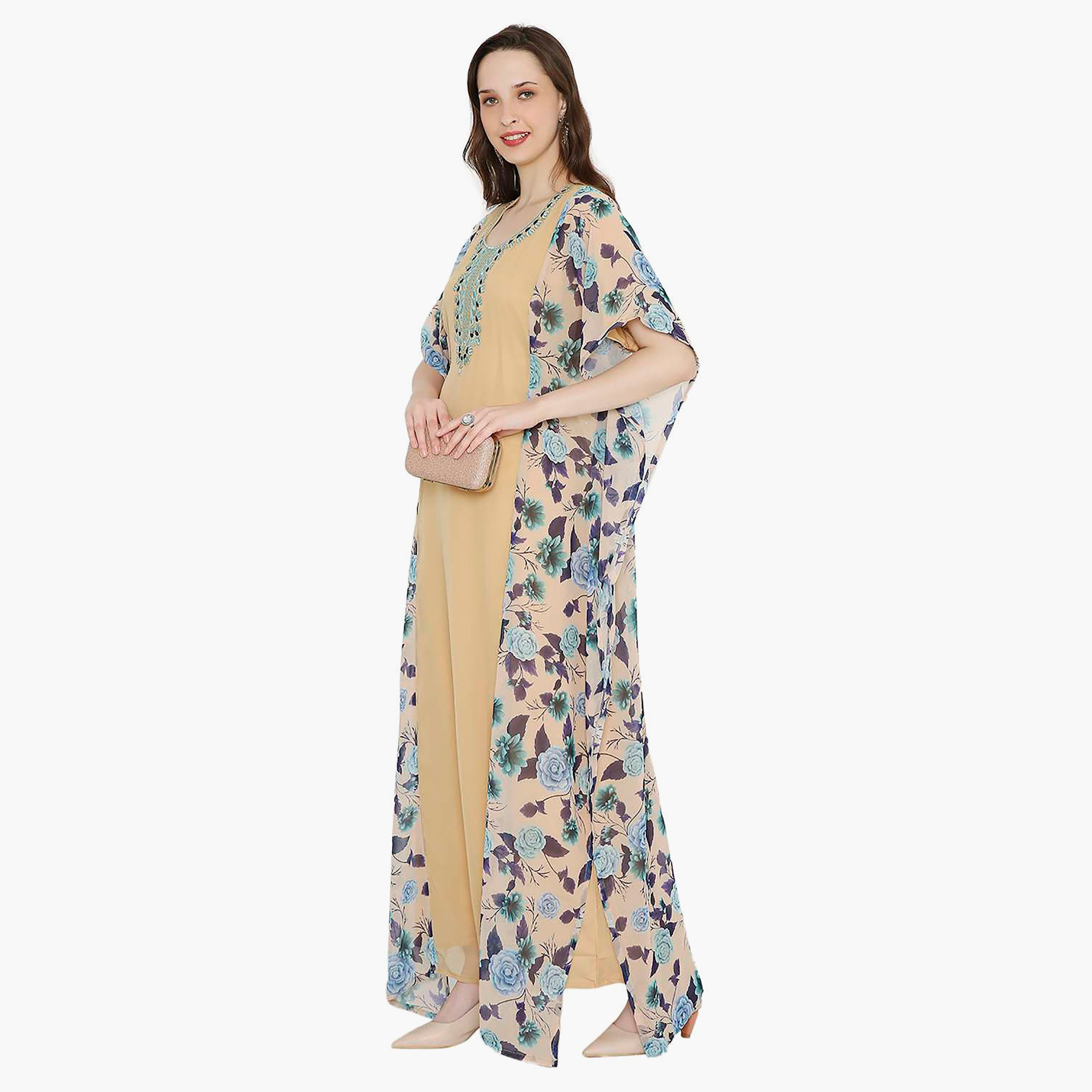 Hana & Sara Floral Embroidered Knot Neck Detail Flared Sleeves Women's Festive Kaftaan-women-arabicclothing-jalabiyas-image-4