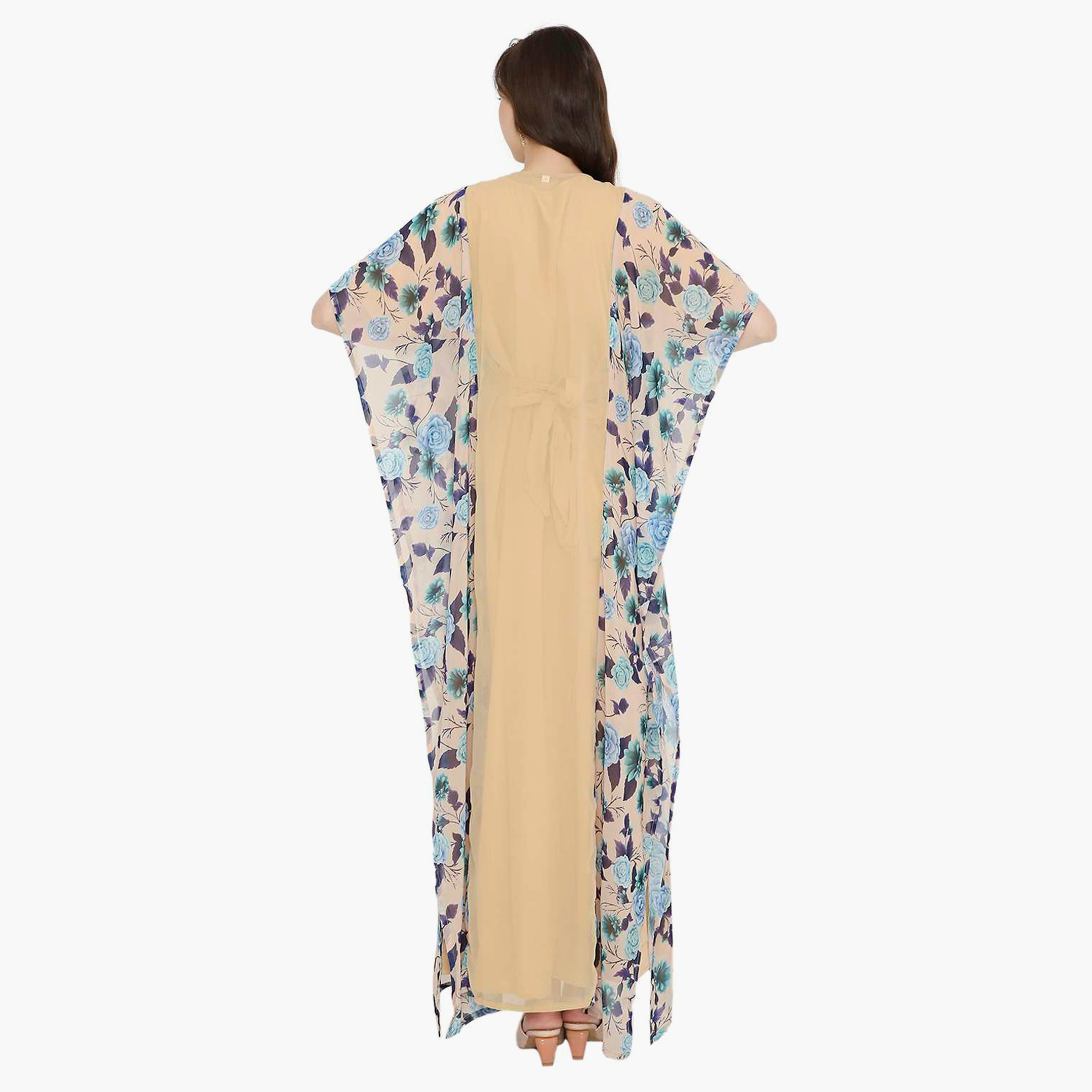 Hana & Sara Floral Embroidered Knot Neck Detail Flared Sleeves Women's Festive Kaftaan-women-arabicclothing-jalabiyas-image-5