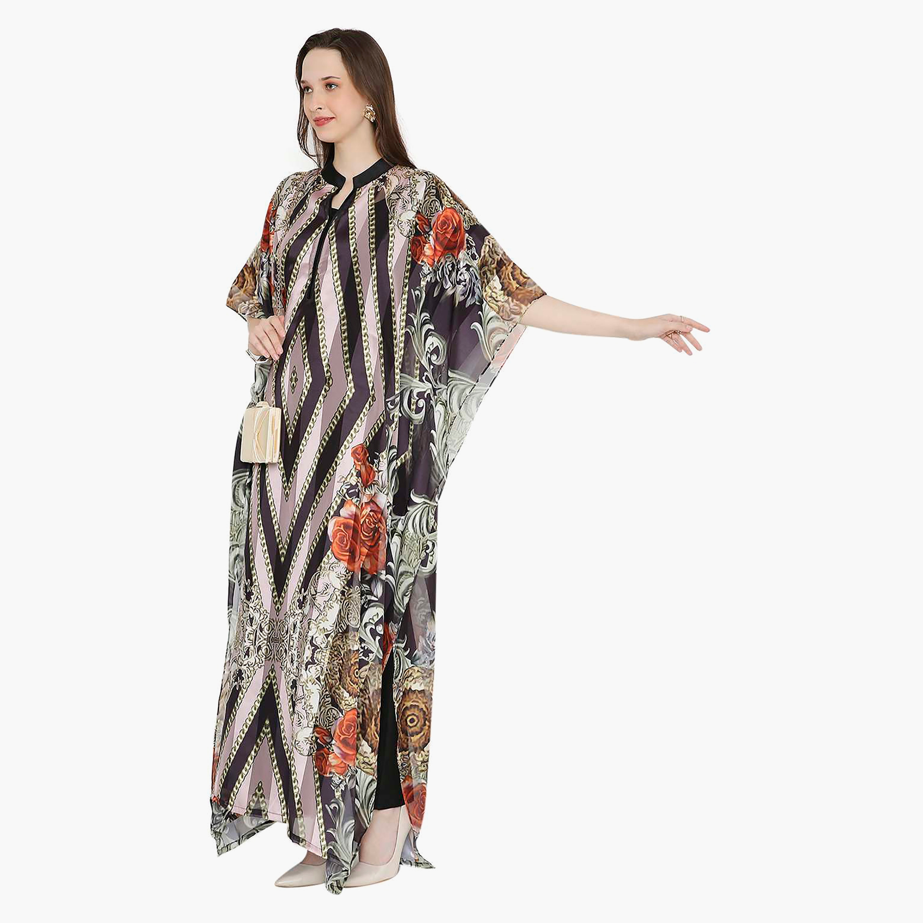 Hana & Sara Printed Collared Neck Flared Sleeves Women's Festive Kaftaan-women-arabicclothing-jalabiyas-image-4