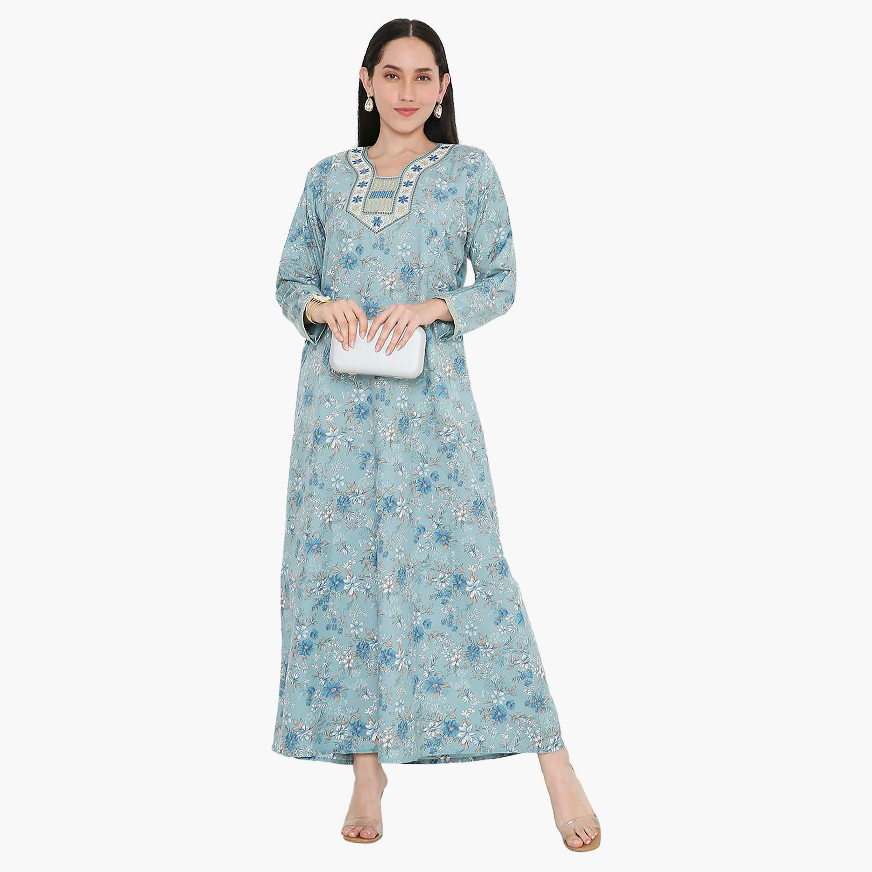 Hana & Sara Floral Embroidered Knot Neck Detail Women's Jalabiya-women-arabicclothing-jalabiyas-image-11