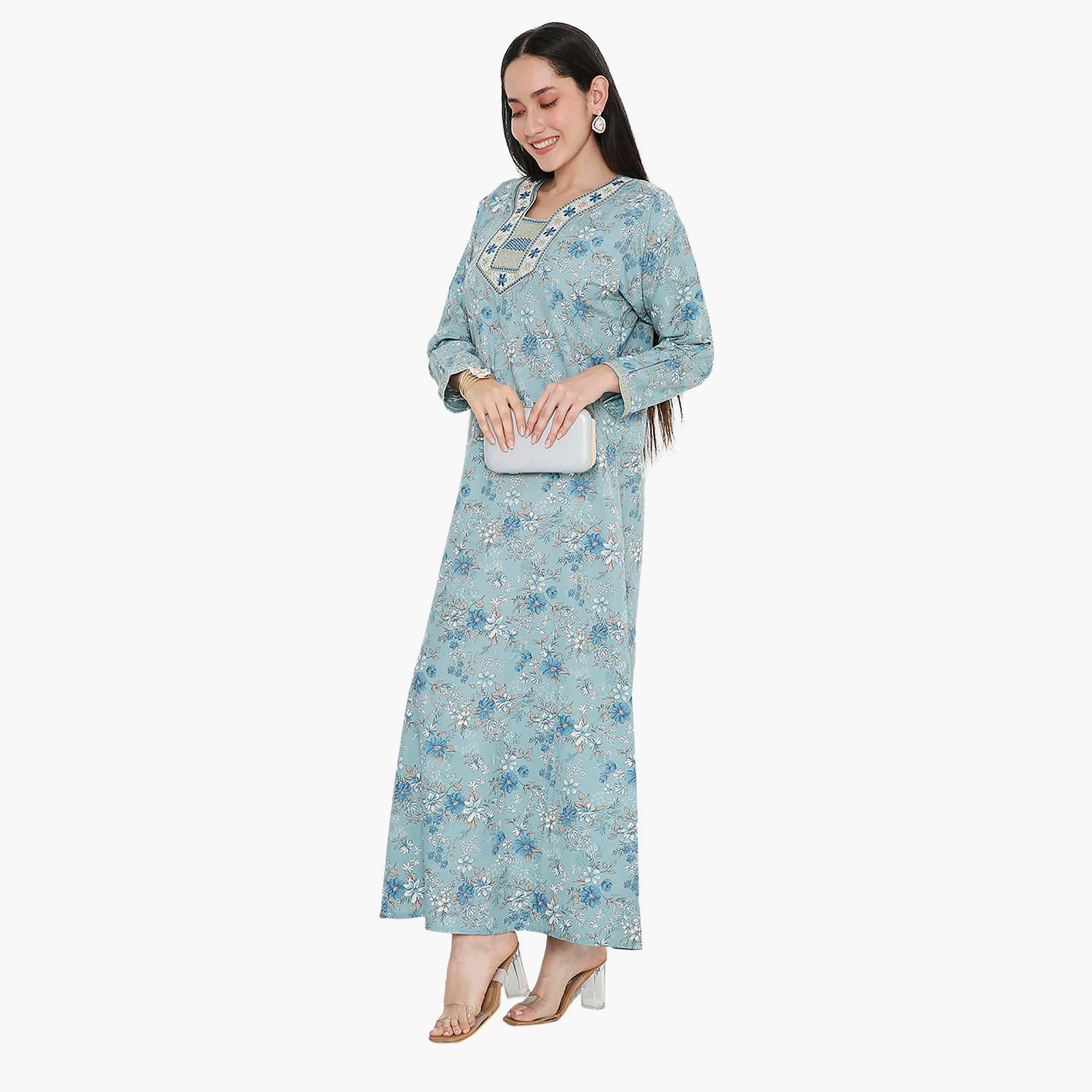 Hana & Sara Floral Embroidered Knot Neck Detail Women's Jalabiya-women-arabicclothing-jalabiyas-image-13