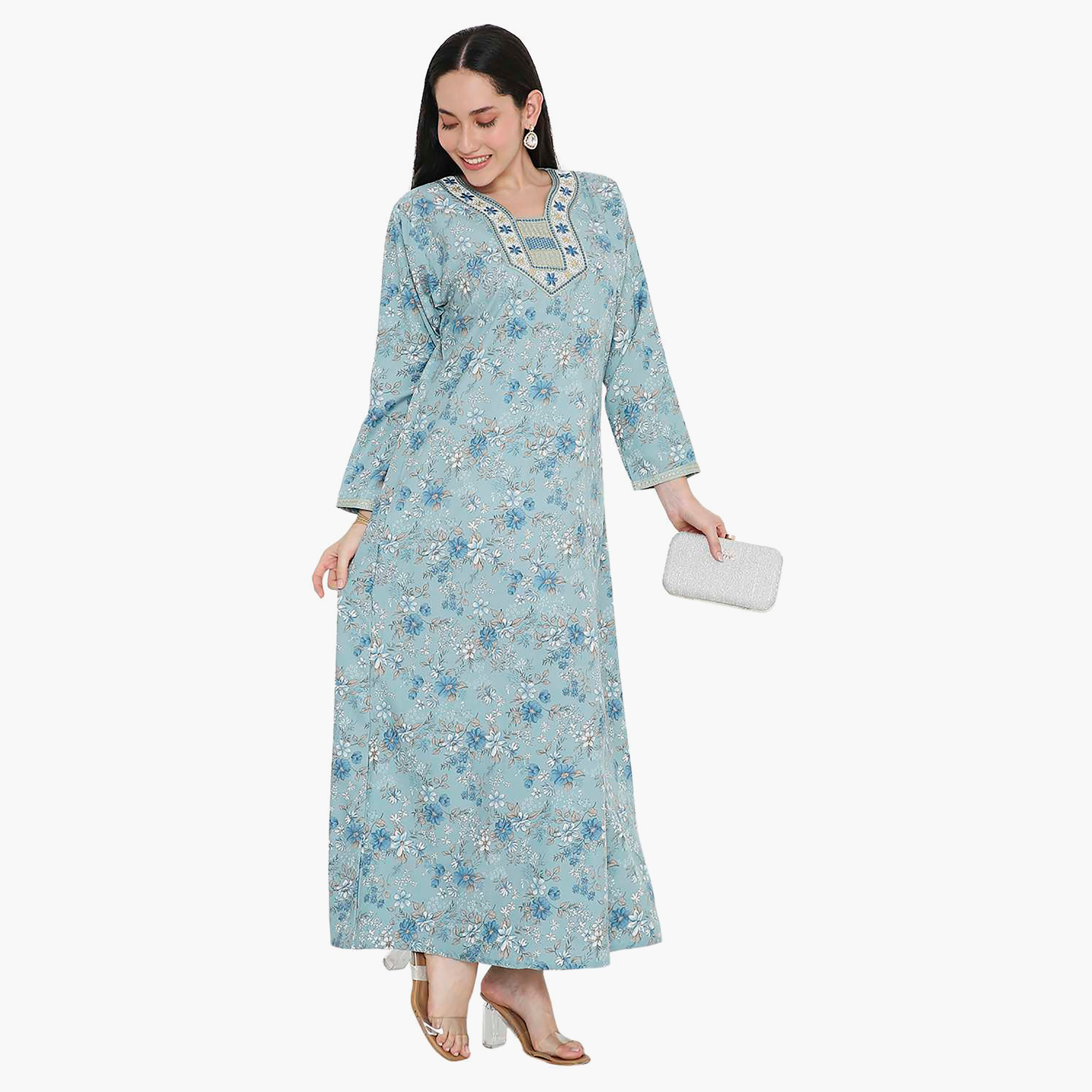 Hana & Sara Floral Embroidered Knot Neck Detail Women's Jalabiya-women-arabicclothing-jalabiyas-image-14