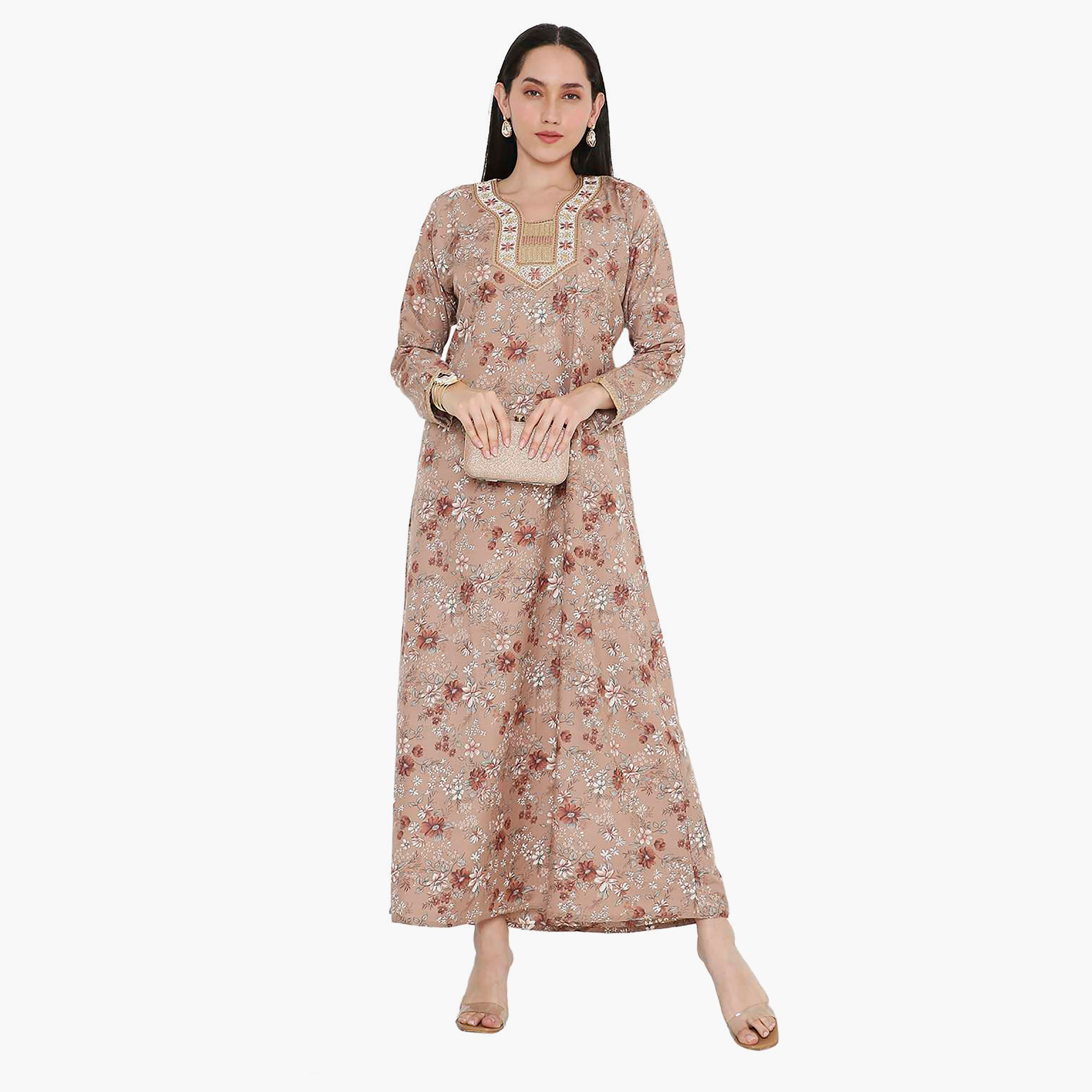 Hana & Sara Floral Embroidered Knot Neck Detail Women's Jalabiya-women-arabicclothing-jalabiyas-image-1