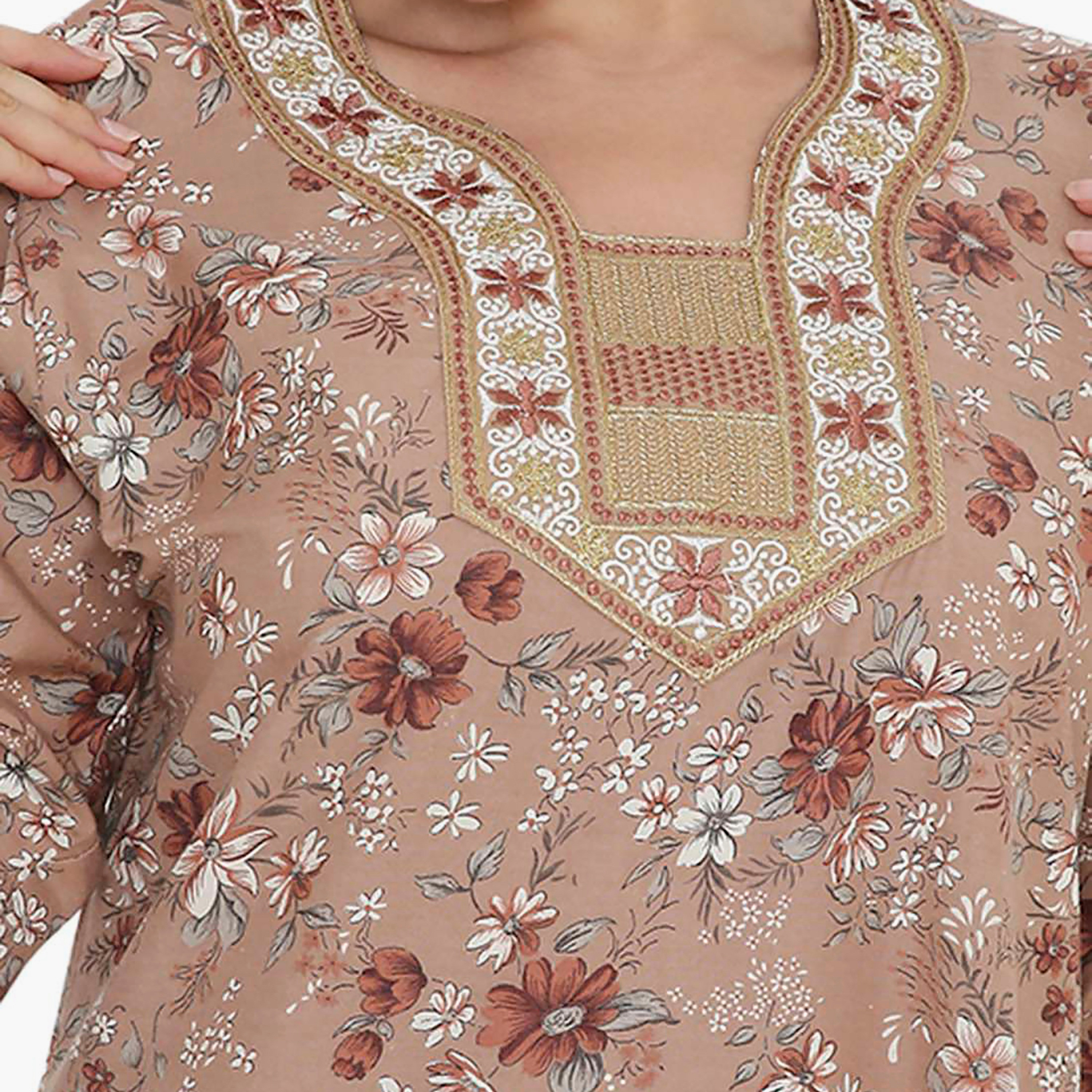 Hana & Sara Floral Embroidered Knot Neck Detail Women's Jalabiya-women-arabicclothing-jalabiyas-image-2