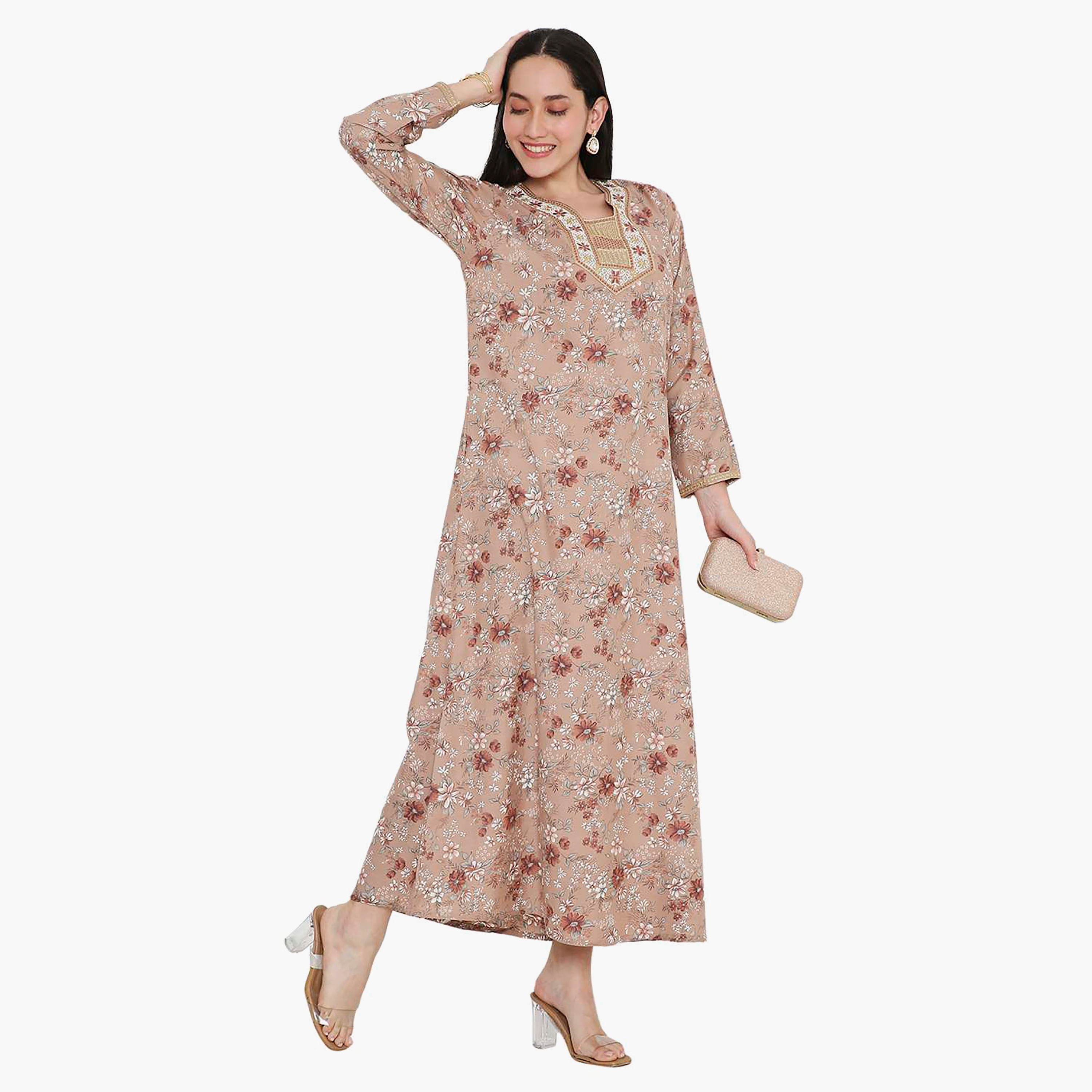 Hana & Sara Floral Embroidered Knot Neck Detail Women's Jalabiya-women-arabicclothing-jalabiyas-image-3