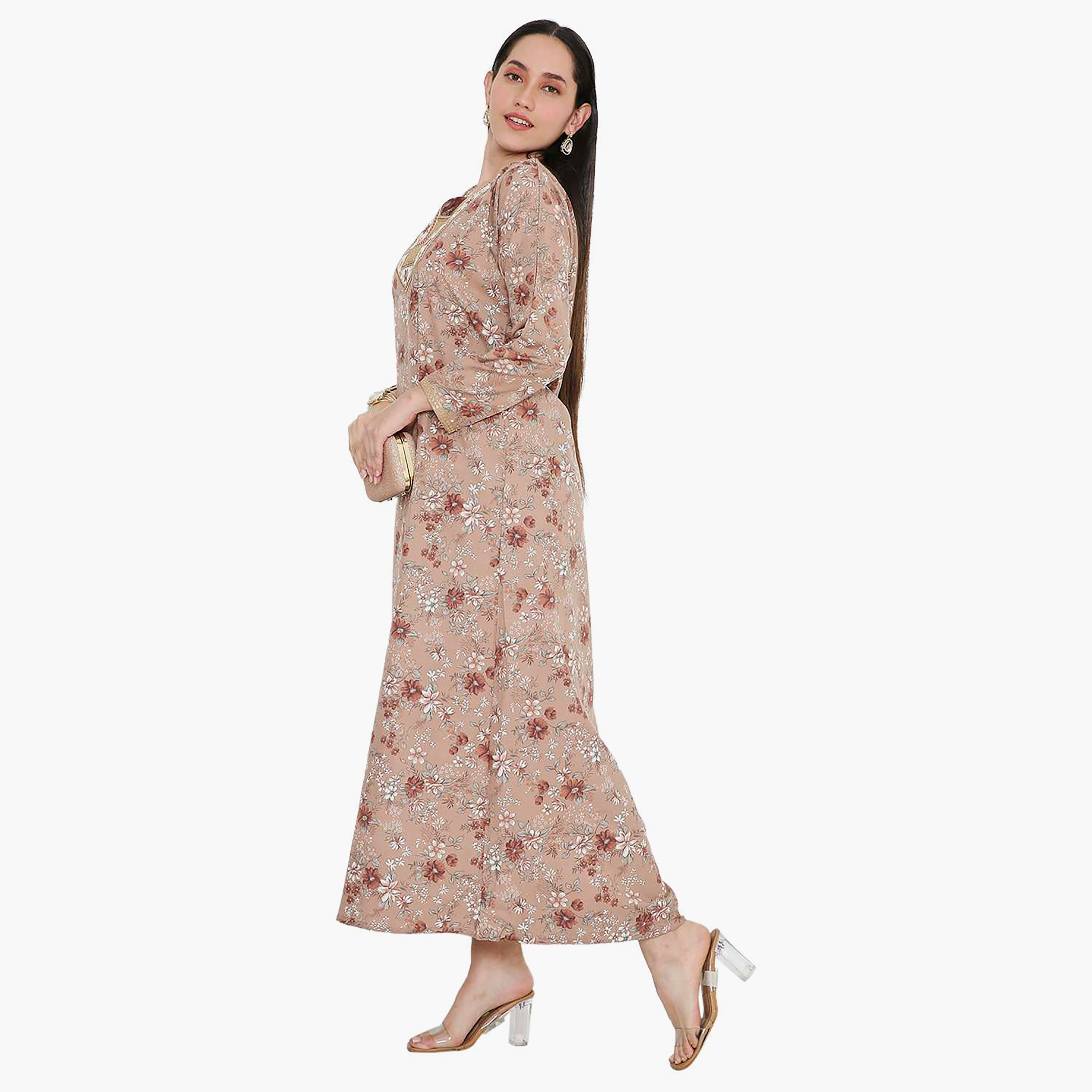 Hana & Sara Floral Embroidered Knot Neck Detail Women's Jalabiya-women-arabicclothing-jalabiyas-image-4
