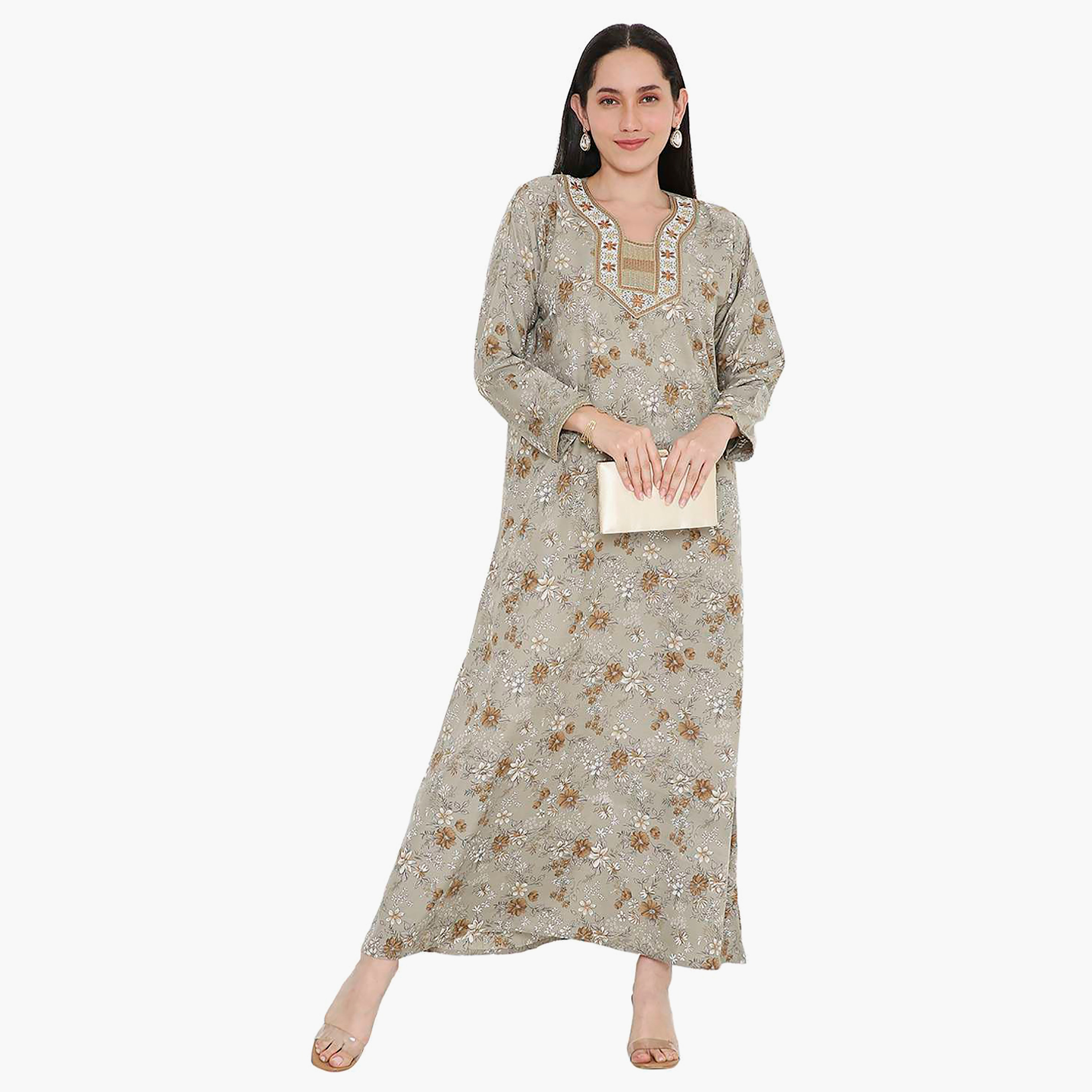 Hana & Sara Floral Embroidered Knot Neck Detail Women's Jalabiya-women-arabicclothing-jalabiyas-image-6