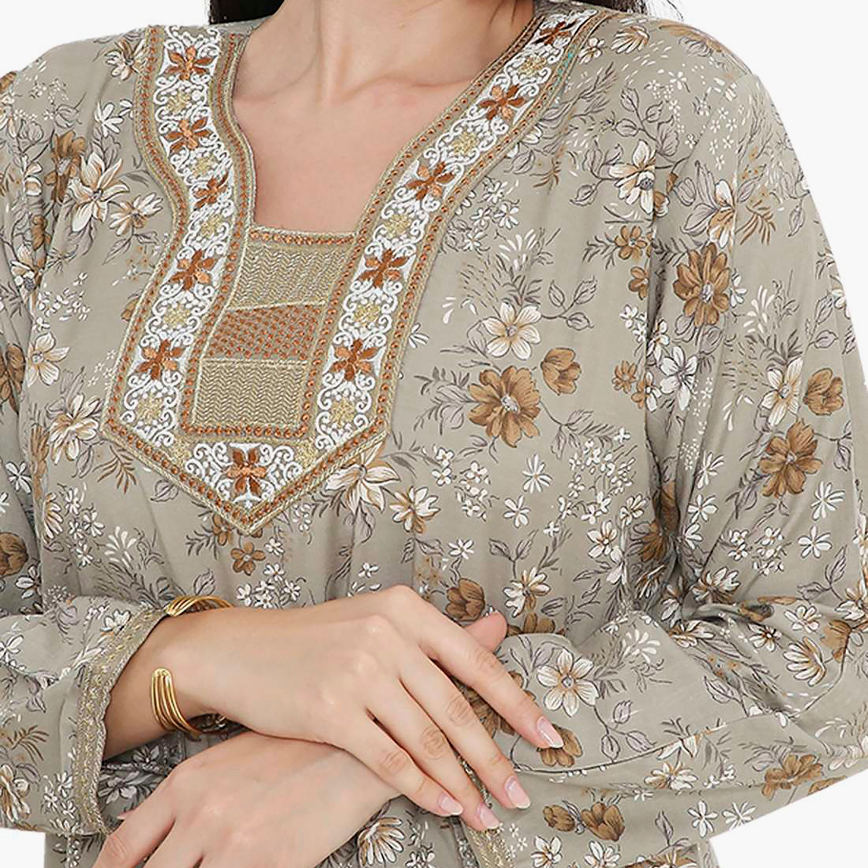 Hana & Sara Floral Embroidered Knot Neck Detail Women's Jalabiya-women-arabicclothing-jalabiyas-image-7