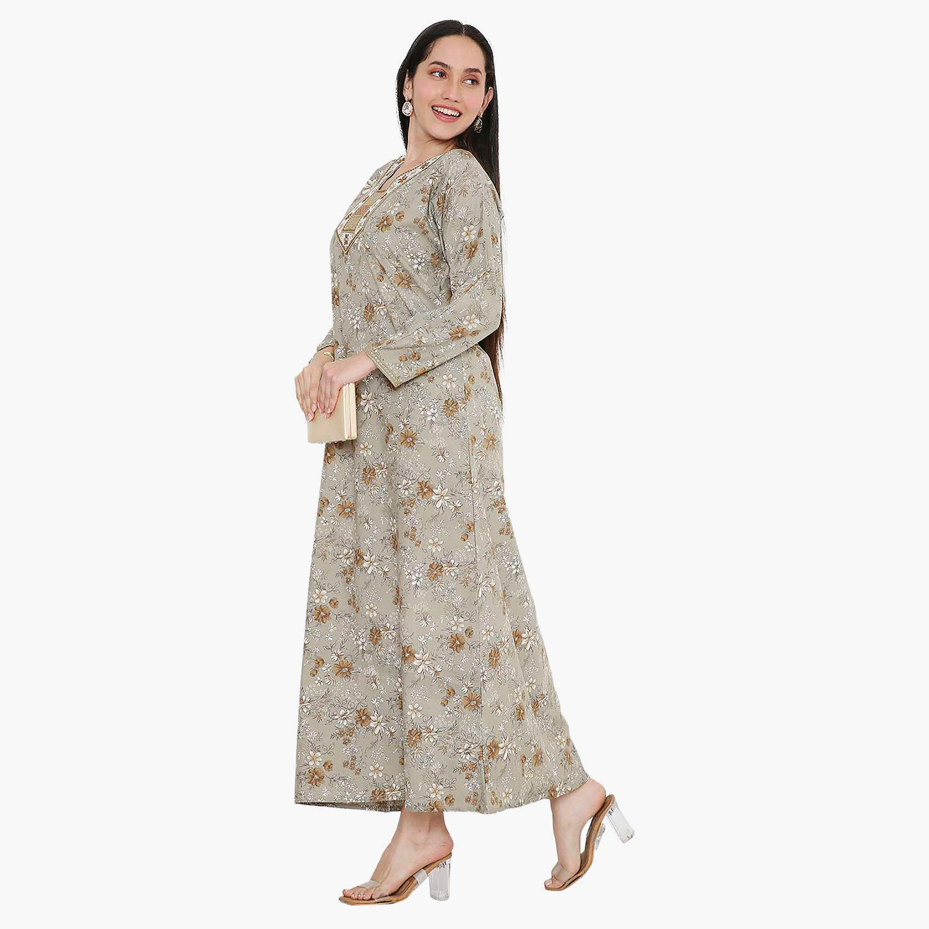 Hana & Sara Floral Embroidered Knot Neck Detail Women's Jalabiya-women-arabicclothing-jalabiyas-image-8