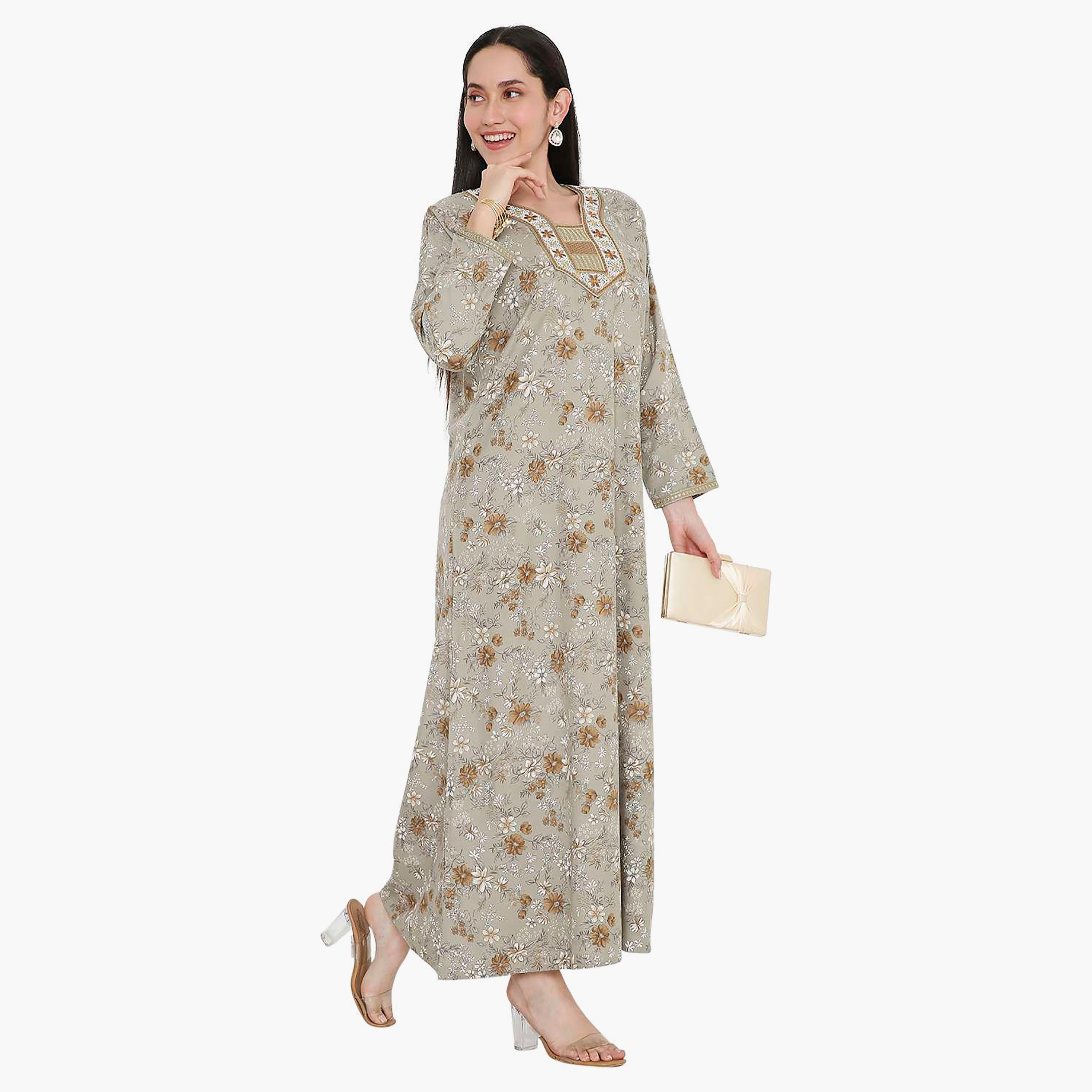Hana & Sara Floral Embroidered Knot Neck Detail Women's Jalabiya-women-arabicclothing-jalabiyas-image-9