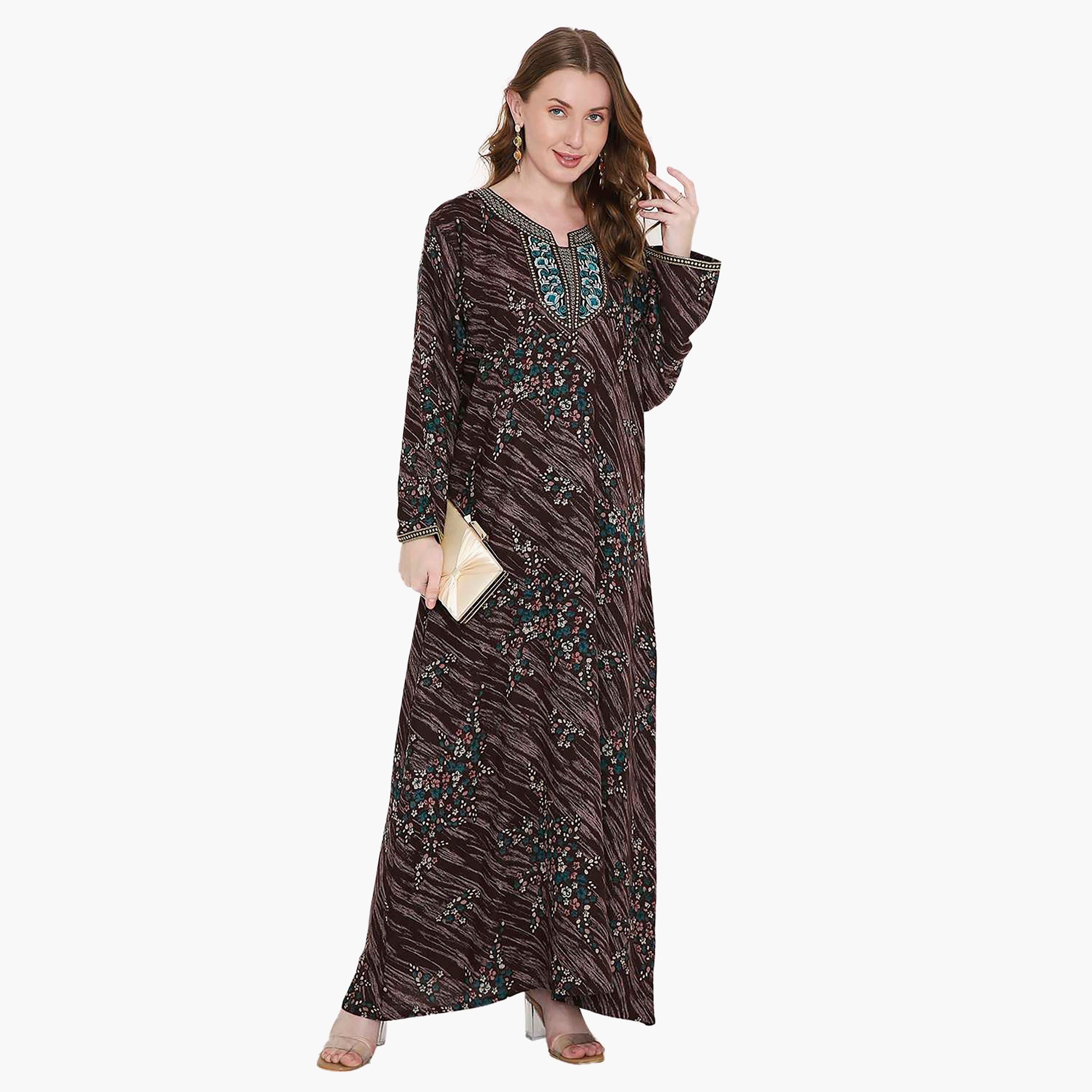 Hana & Sara Floral Print and Embroidered Yoke Detail Neck Designed Cuff Sleeves Women's Jalabiya-women-arabicclothing-jalabiyas-image-6