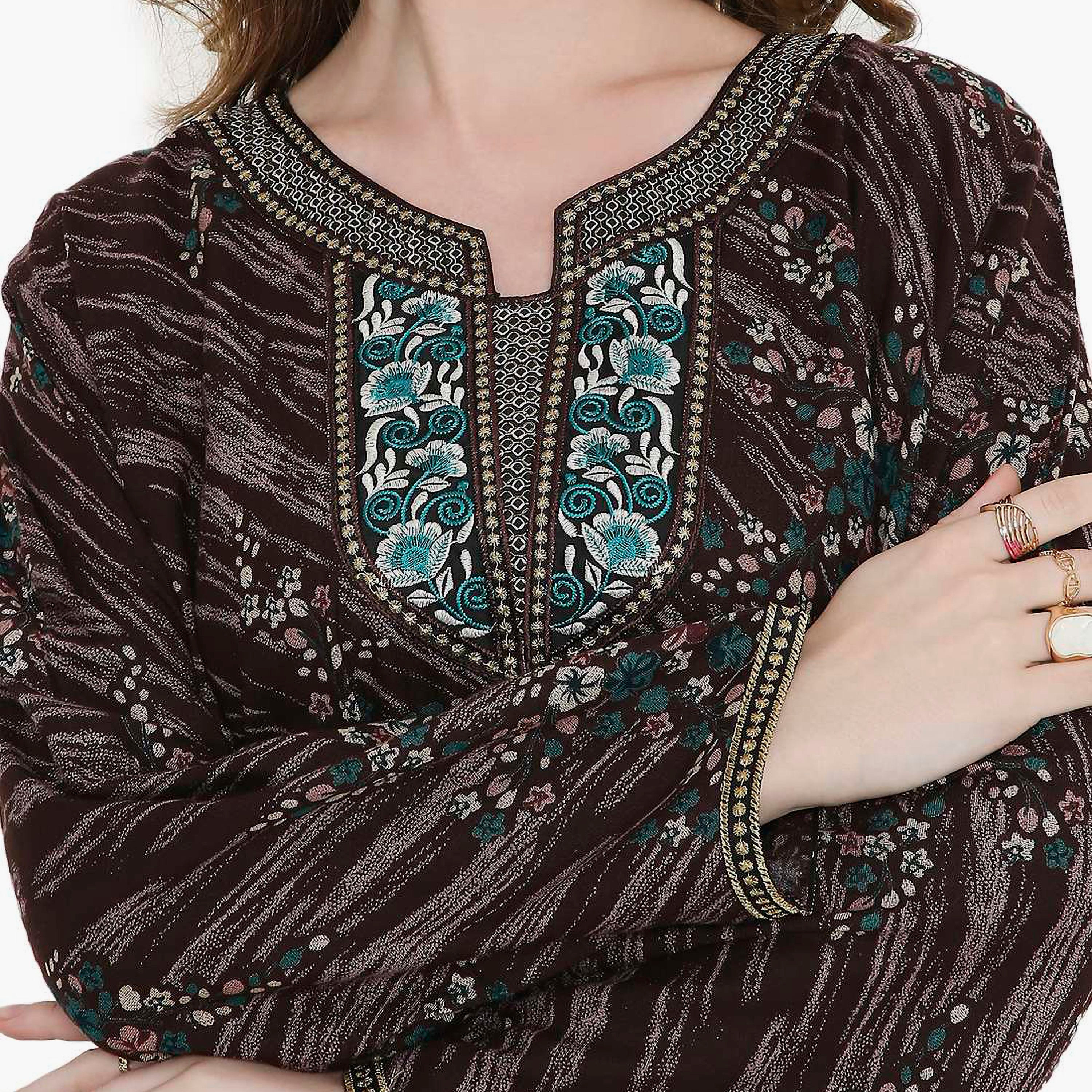 Hana & Sara Floral Print and Embroidered Yoke Detail Neck Designed Cuff Sleeves Women's Jalabiya-women-arabicclothing-jalabiyas-image-7