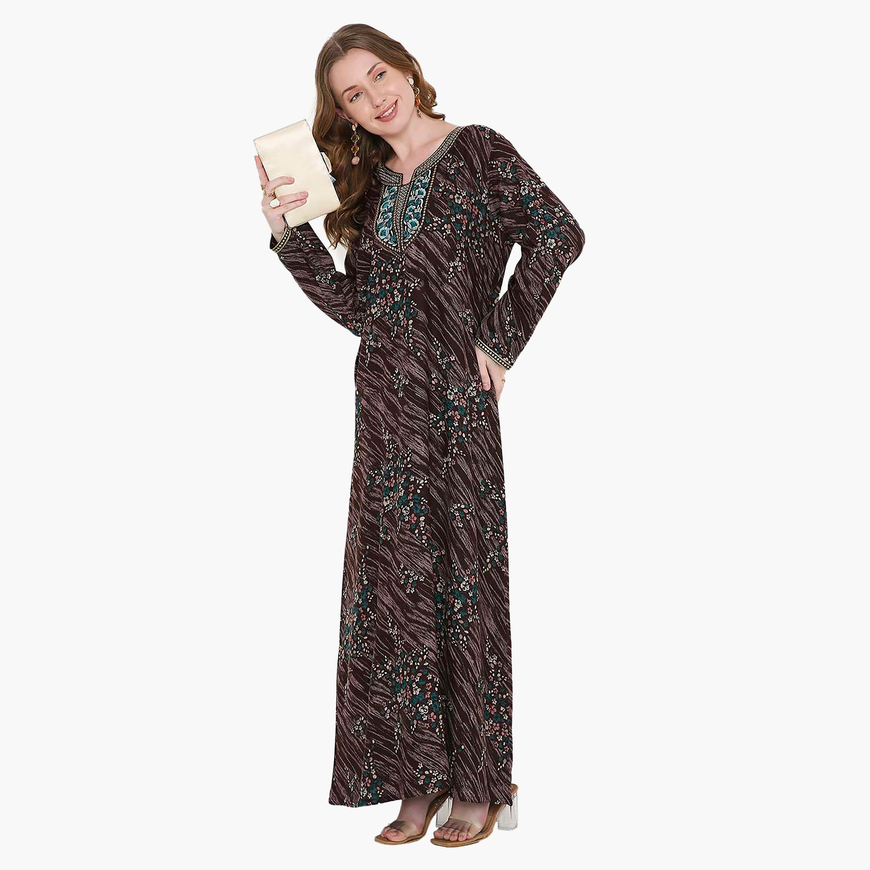 Hana & Sara Floral Print and Embroidered Yoke Detail Neck Designed Cuff Sleeves Women's Jalabiya-women-arabicclothing-jalabiyas-image-8